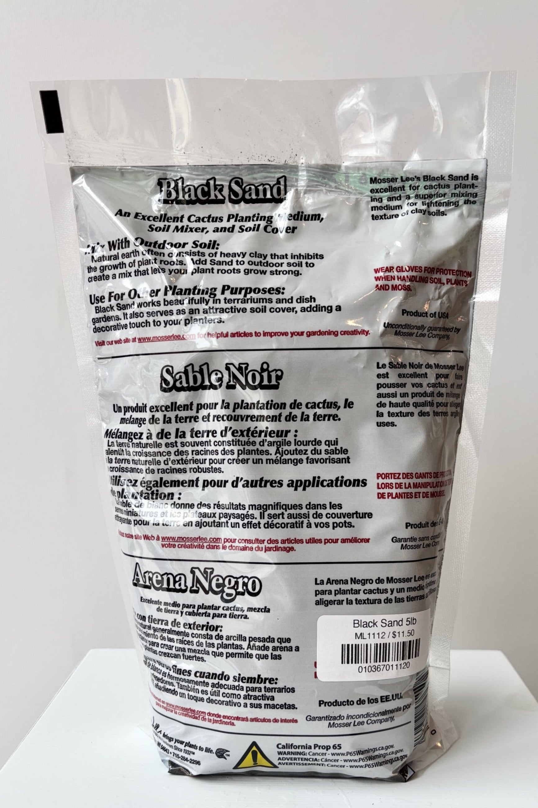 Back of 5lb bag of Mosser Lee black sand against a white background ©Sprout Home