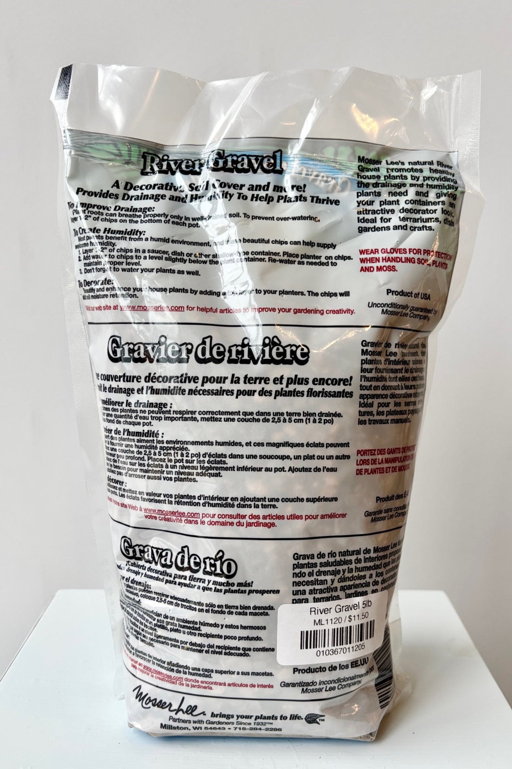 Back of 5lb bag of Mosser Lee River Gravel against a white background ©Sprout Home