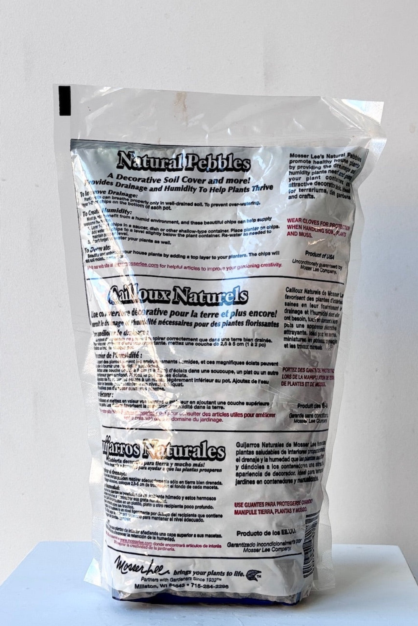 Back of package for natural color pebbles for soil cover or terrariums ©Sprout Home