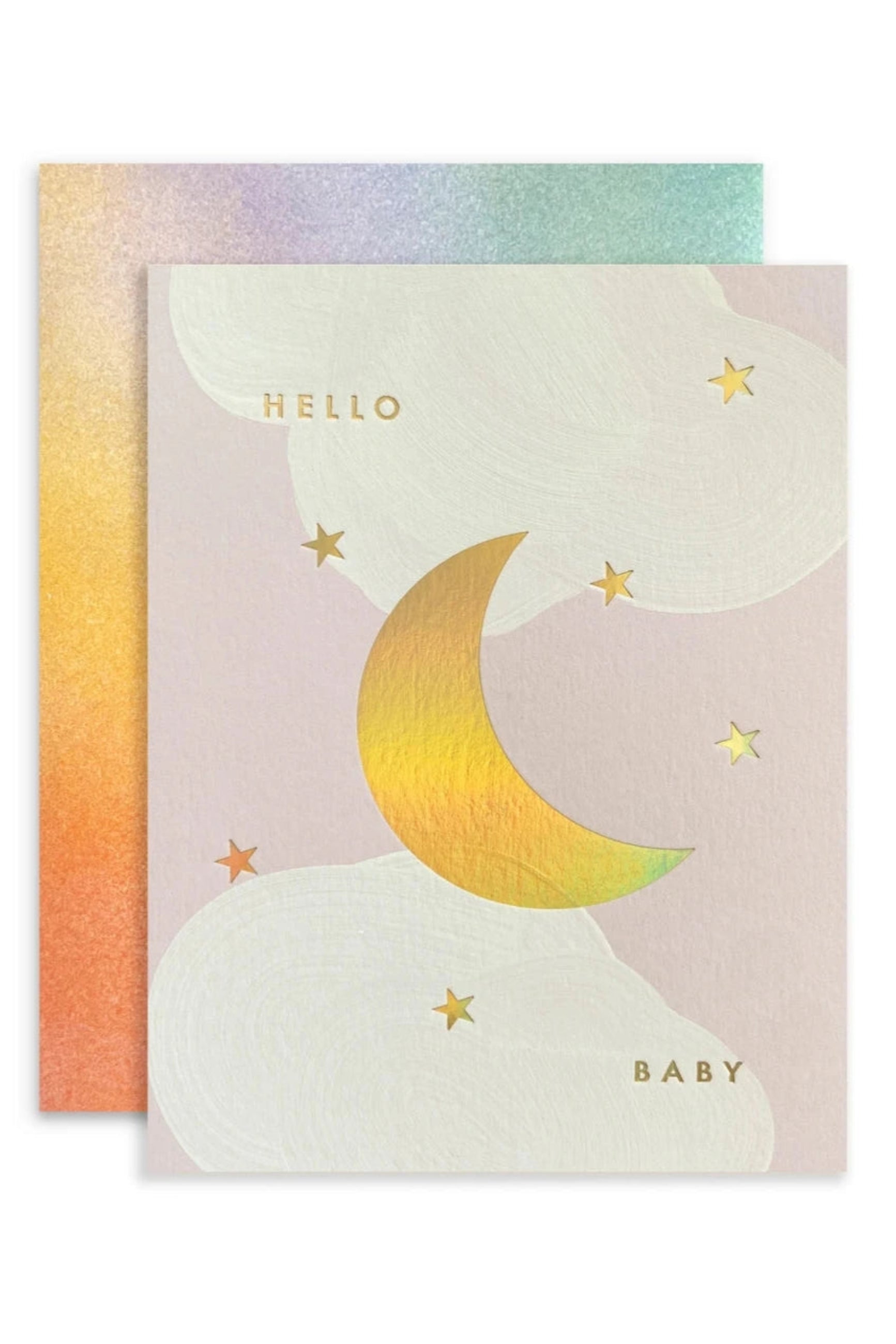 The Moon Card by Moglea showing the front of the card with the text Hello Baby in gold lettering in front of an envelope with airbrushed pastel colors
