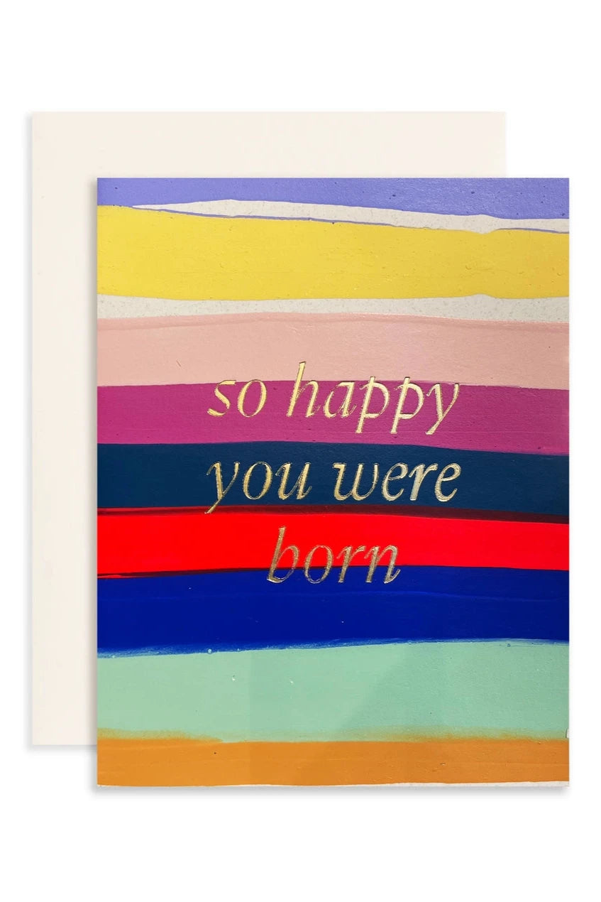 The Happy Stripe card by Moglea showing the front of the card with bright handprinted stripes