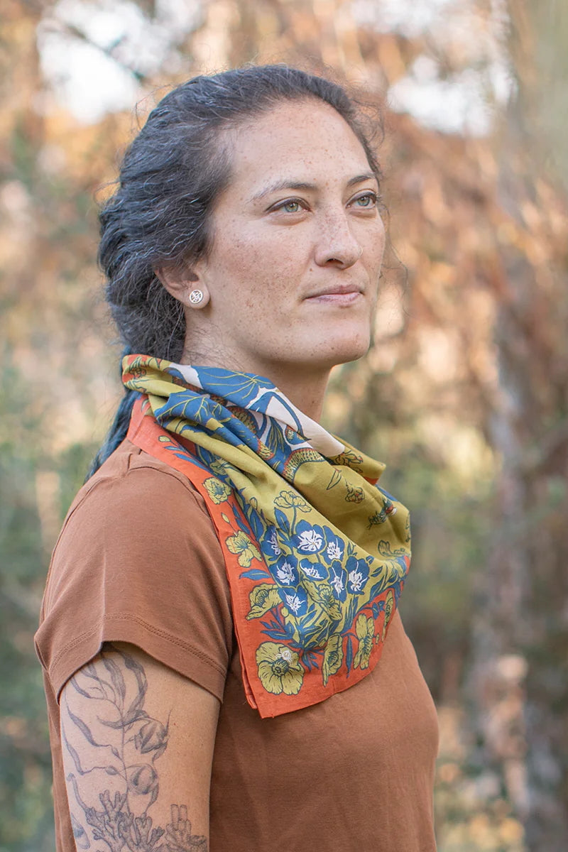 Organic Fair Trade San Gabriel Foothills Bandana being worn around the neck ©Mustard Beetle