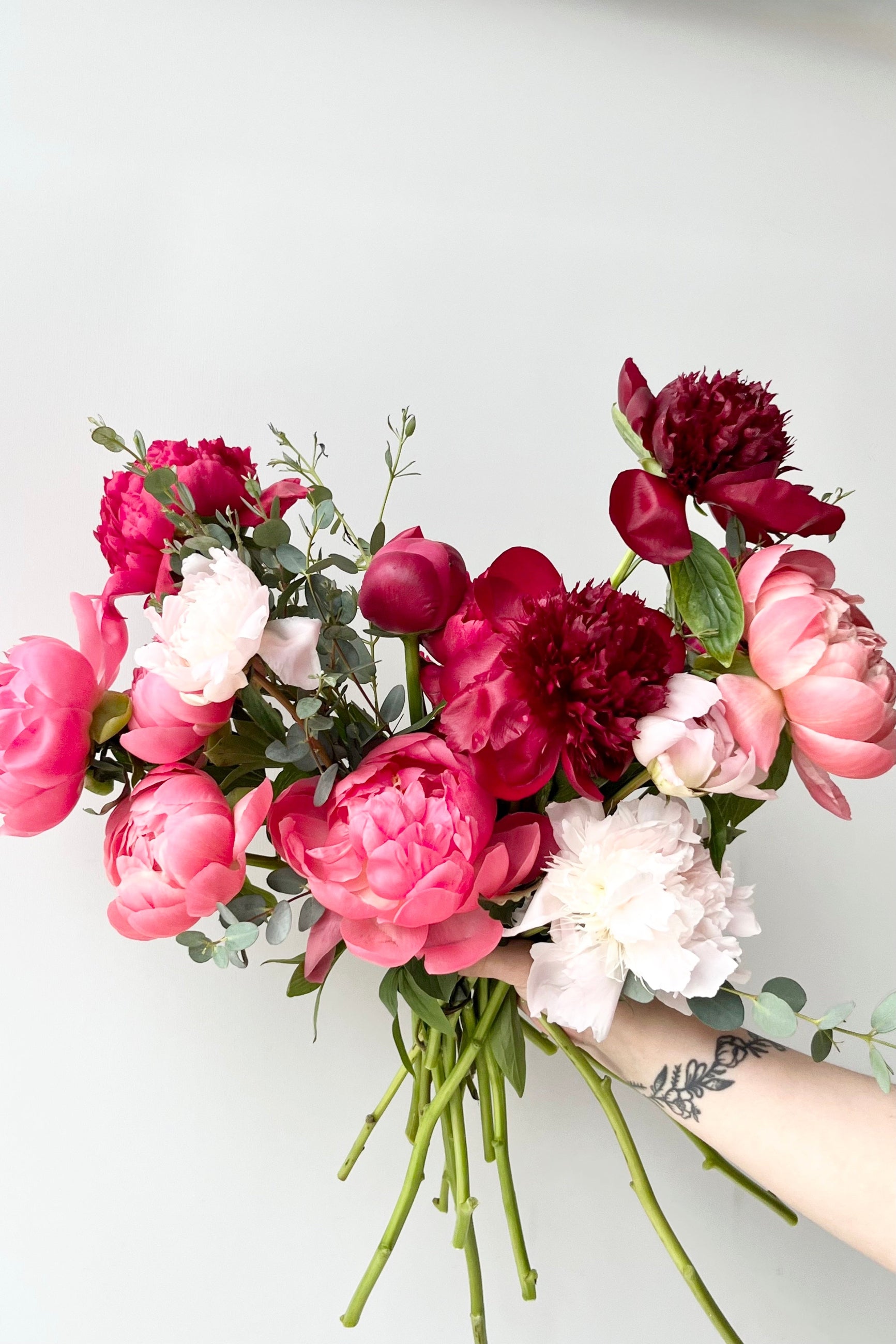 various colors of bright a bold Peony's held in hand against a white backdrop ©Sprout Home #size_$200