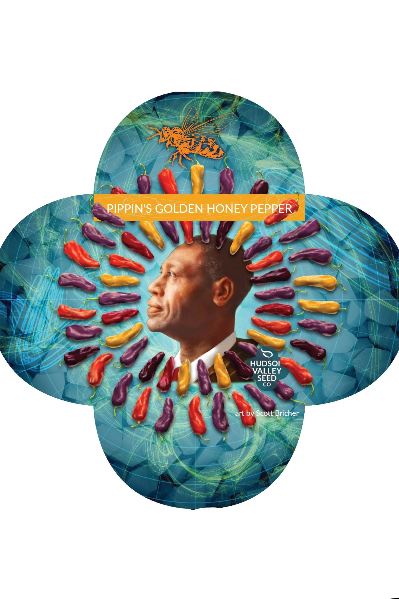 Hudson Valley Seed Co. packaging with colorful peppers and a face design by Scott Bricher ©Hudson Valley Seed Co.