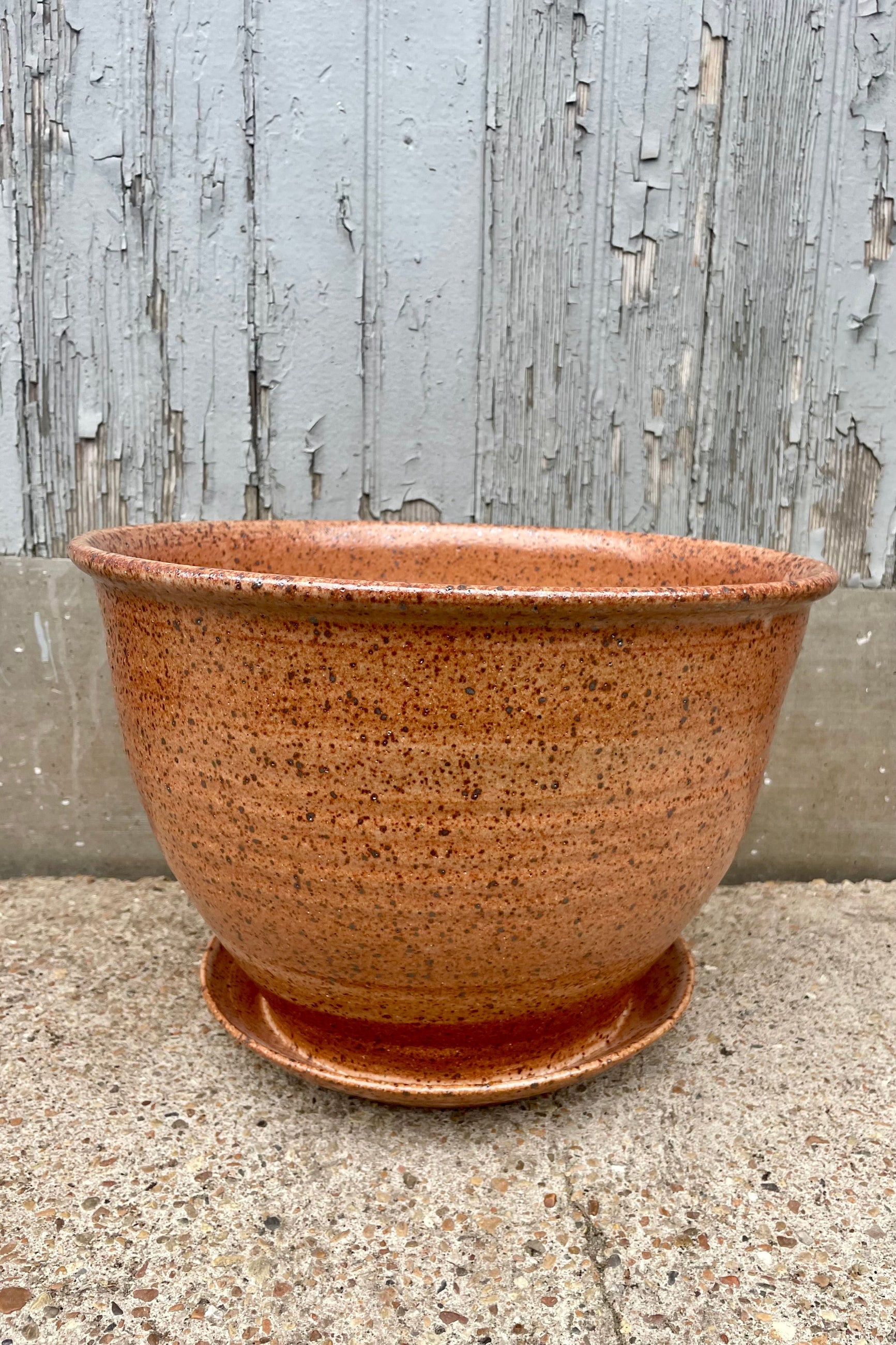 A tan speckled planter in front of a wooden wall ©Sprout Homne