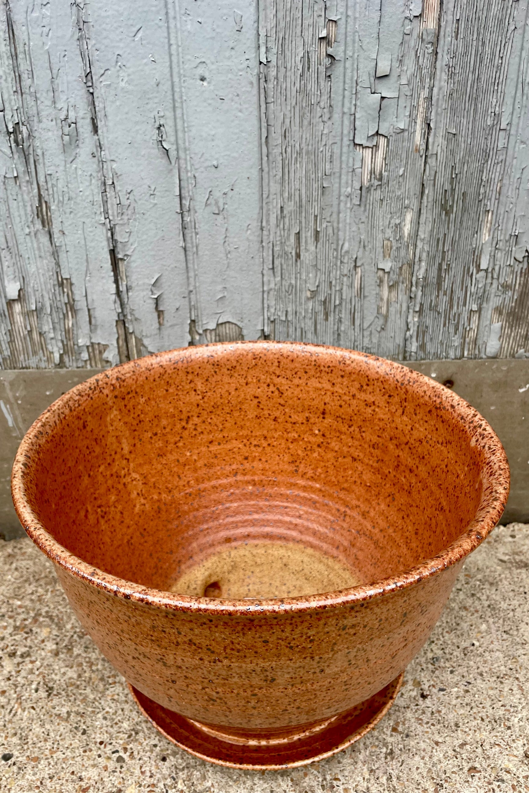 View looking down. A tan speckled planter wits in front of a wooden wall ©Sprout Home