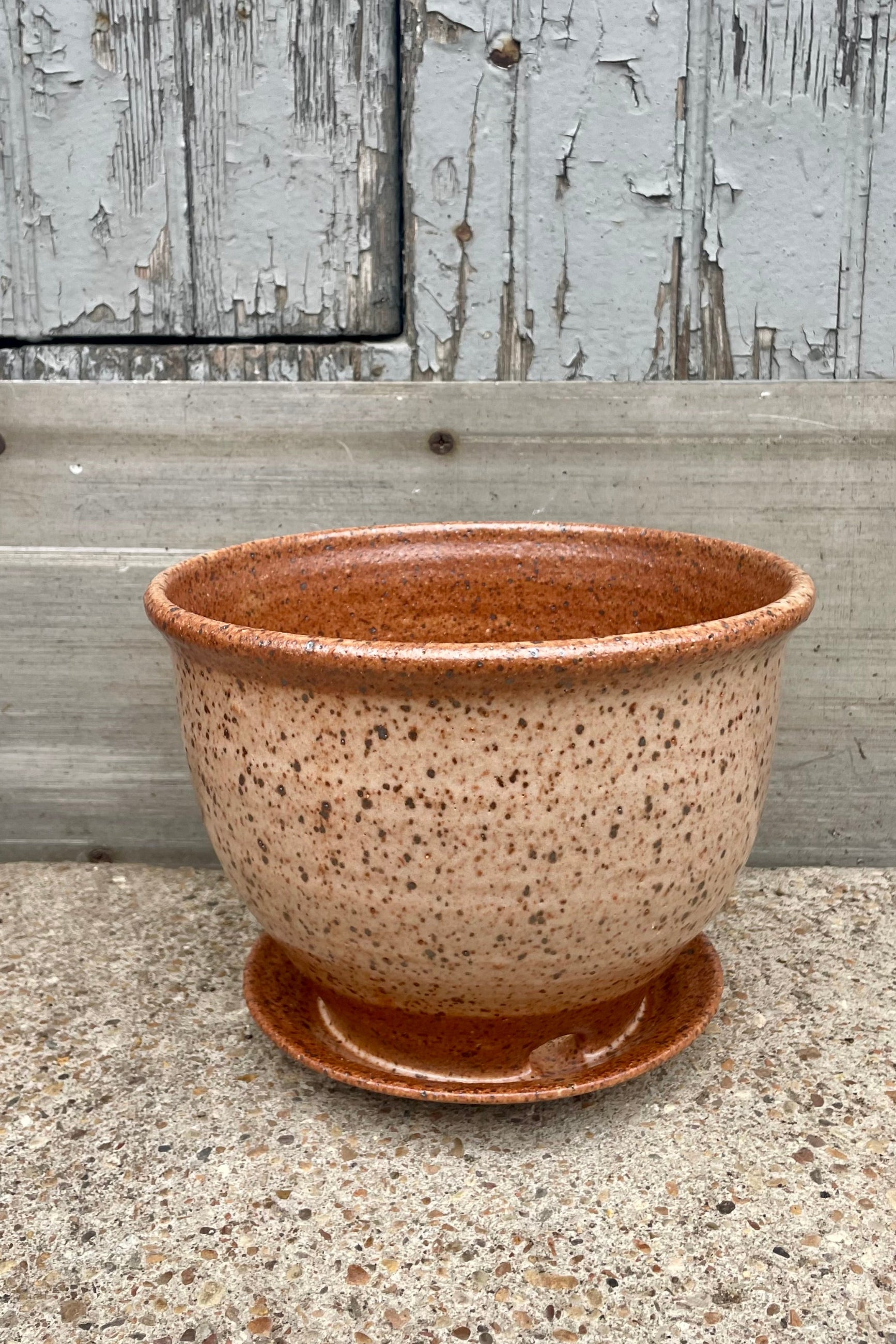 A tan speckled planter in front of a wooden wall ©Sprout Home