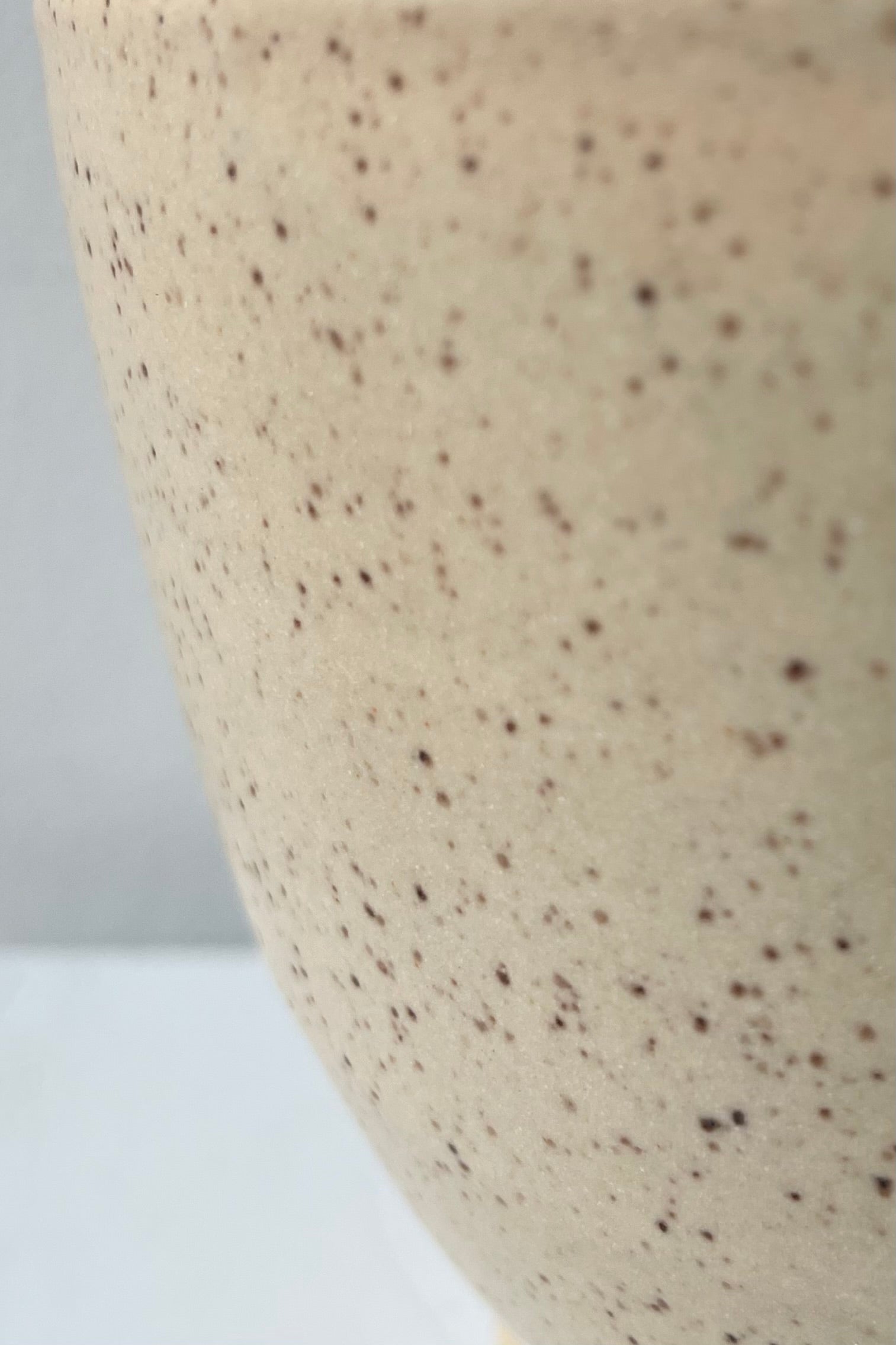 Detail picture of the speckled butter color clay finish of the tabletop planter and saucer.