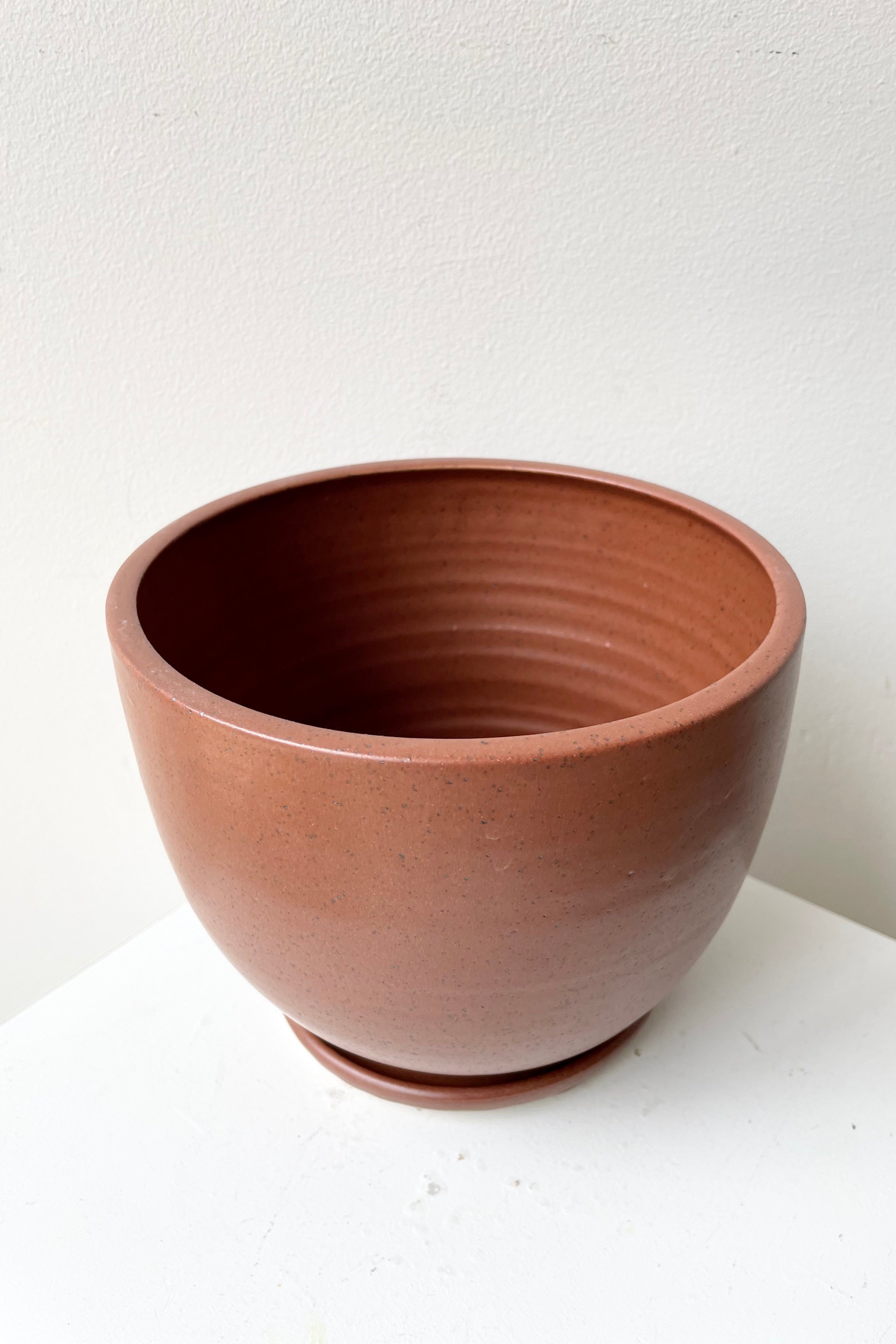 Chocolate Speckle tabletop planter and saucer in large being viewed from above and side looking in.