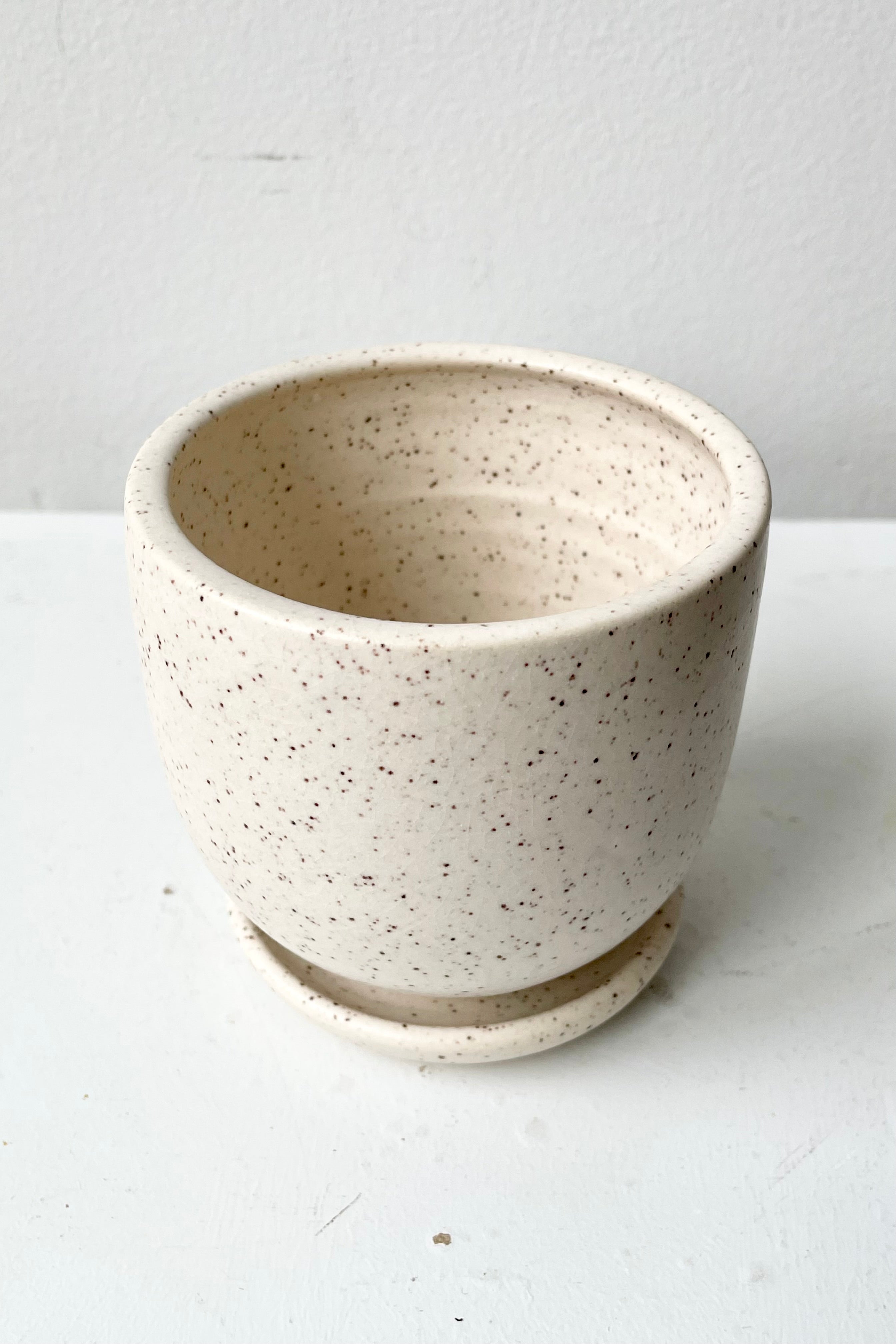 The Cream Speckle tabletop planter and saucer shown from the top side looking in over the top edge.
