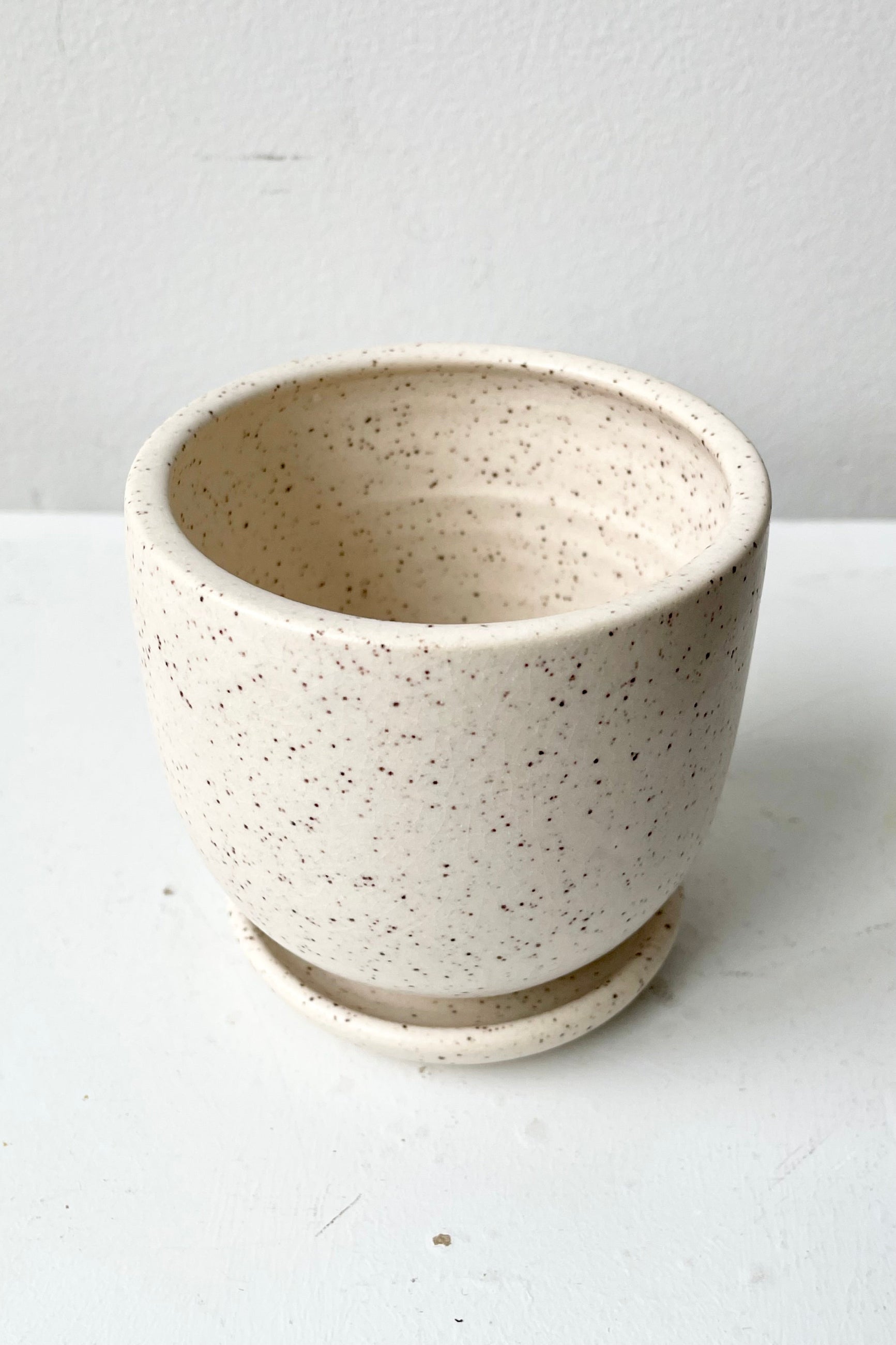 The Cream Speckle tabletop planter and saucer shown from the top side looking in over the top edge. ©Sprout Home
