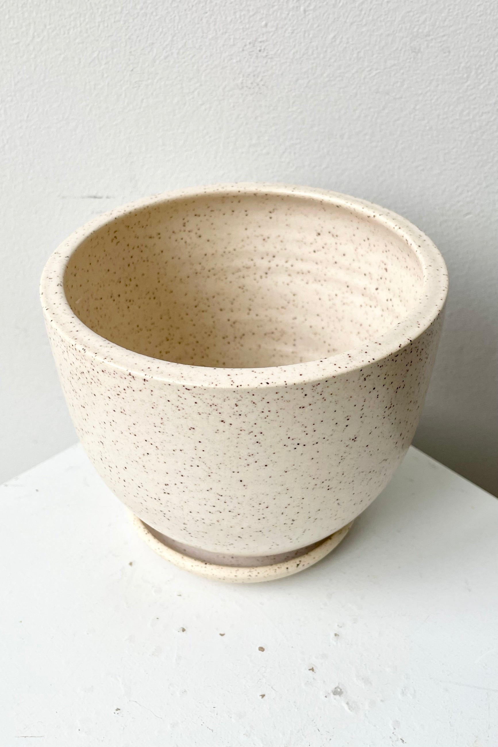 Tabletop planter and saucer in Cream Speckle medium viewed from the above side looking in. ©Sprout Home