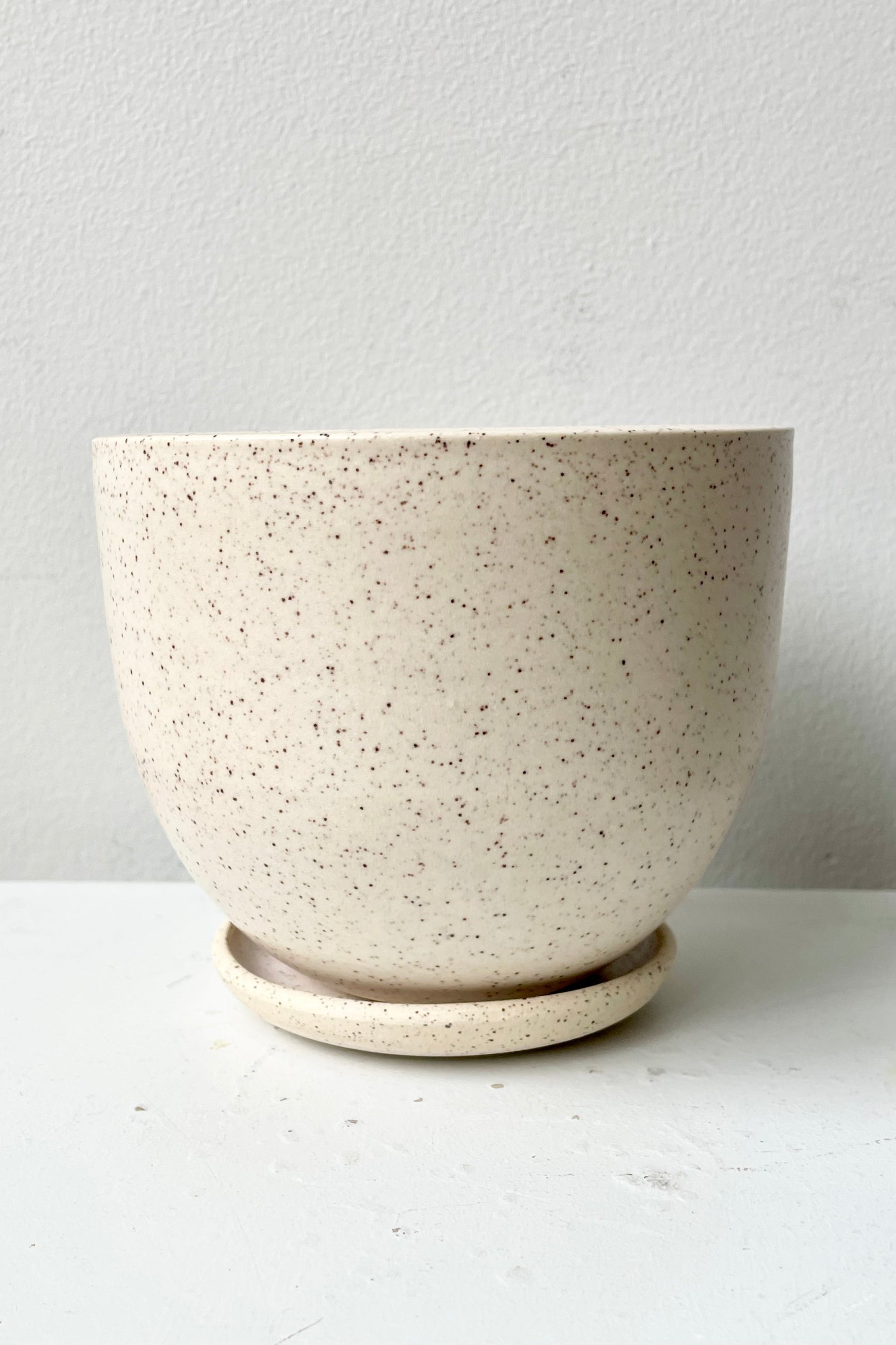 The small Tabletop planter and saucer in a Cream Speckle finish against a white wall. ©Sprout Home