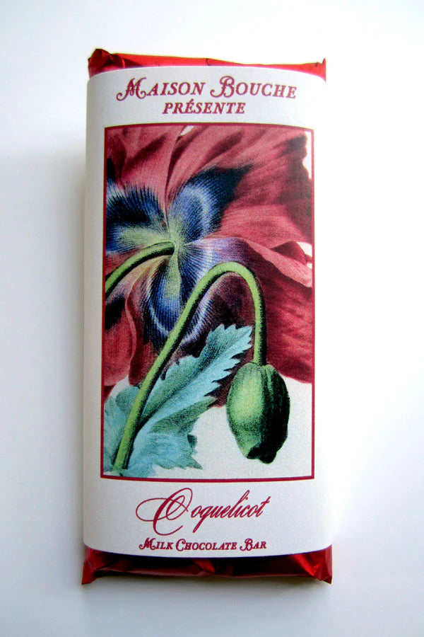 Maison Bouche chocolate bar packaging with poppy design on a white background ©Maison Bouche