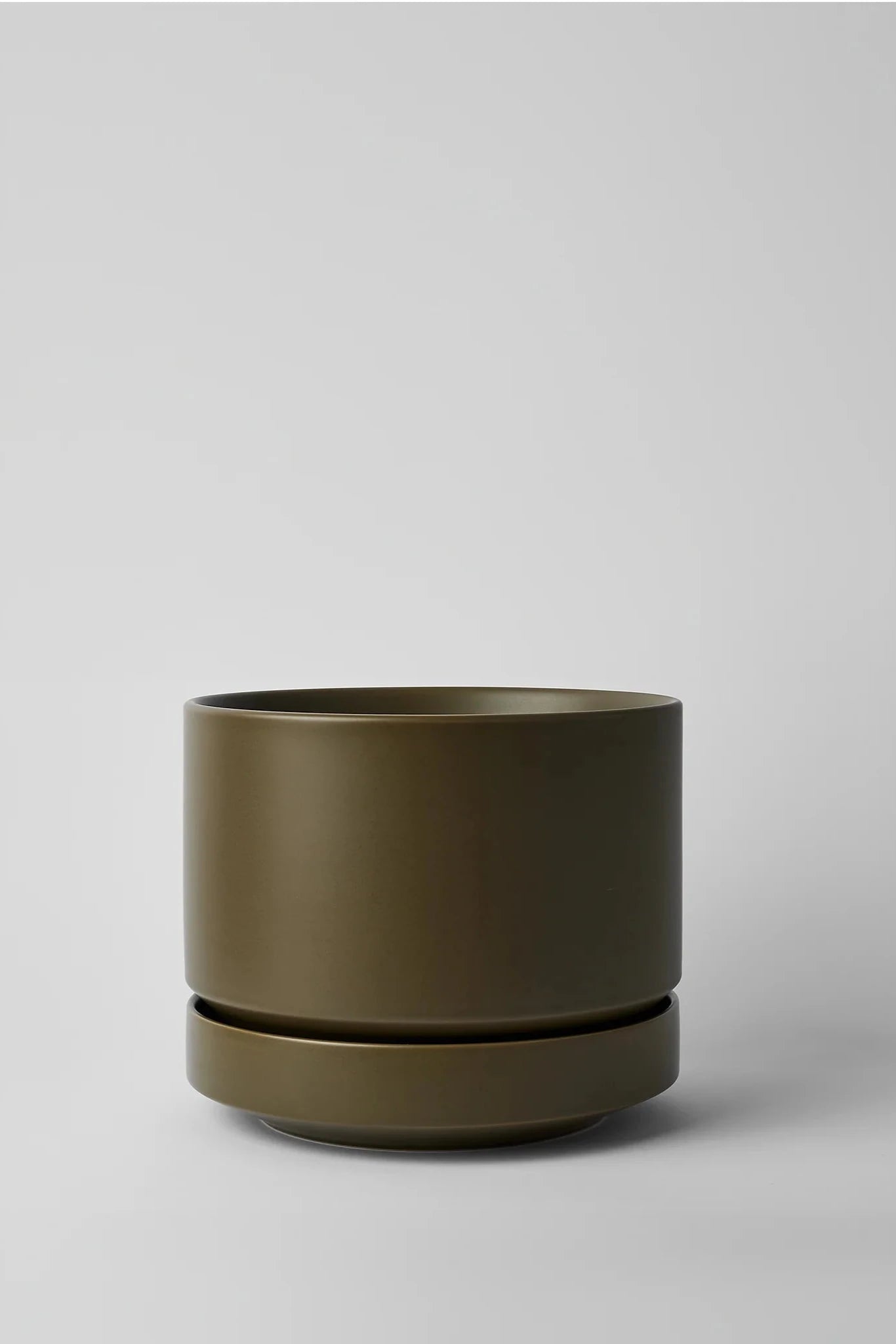 LBE Design Revival Ceramics empty Olive Round Two planter shown from the side.