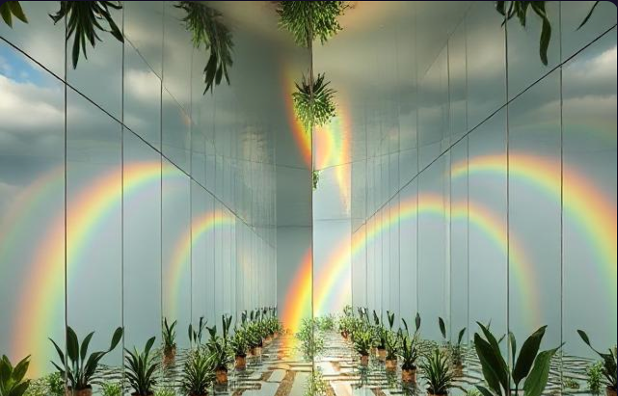 Rainbow patterns in various mirrors and plants all around. The Rainbow collection.
