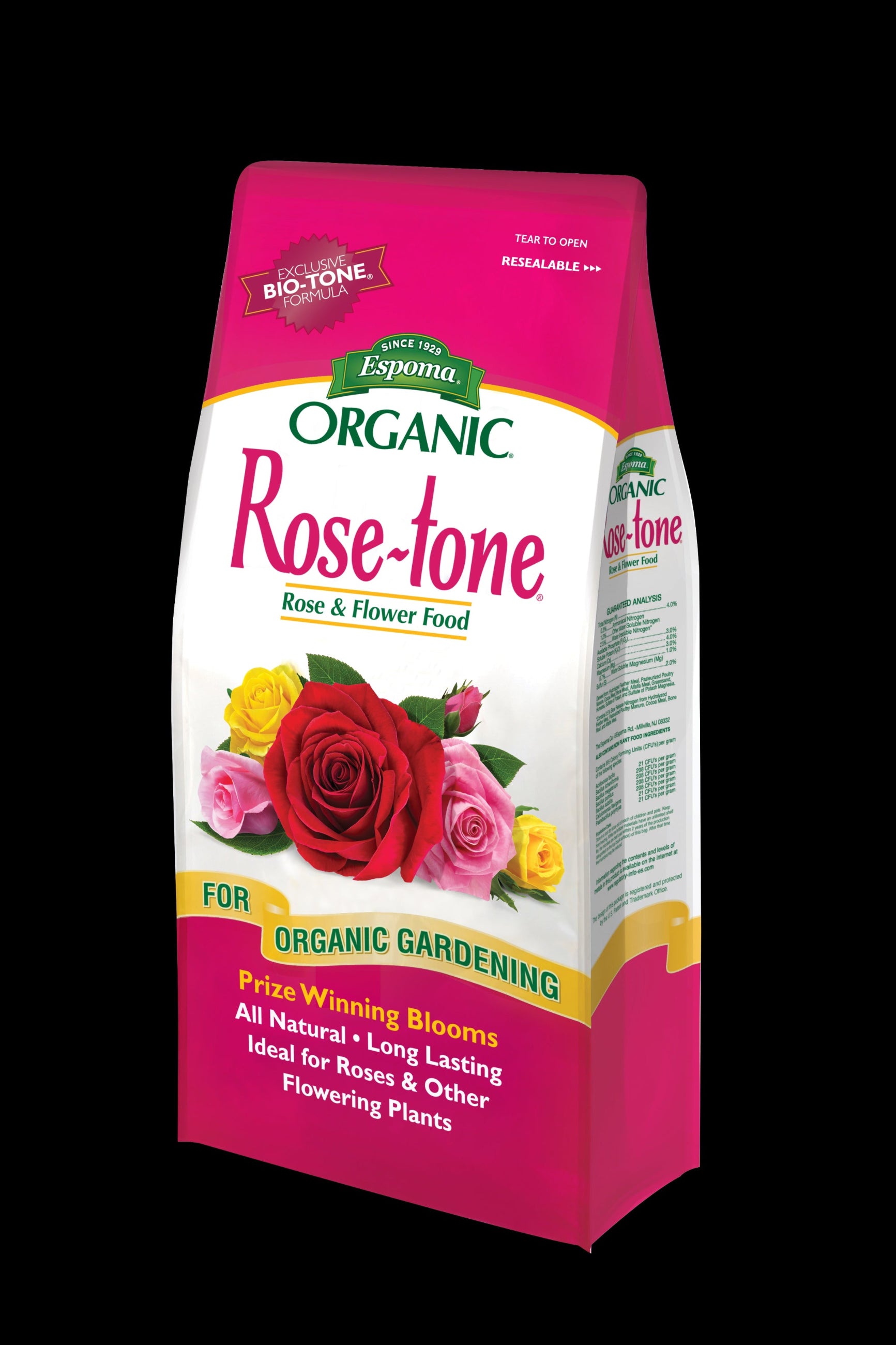 Bag of Espoma Organic Rose-tone rose and flower food on a black background ©Epsoma