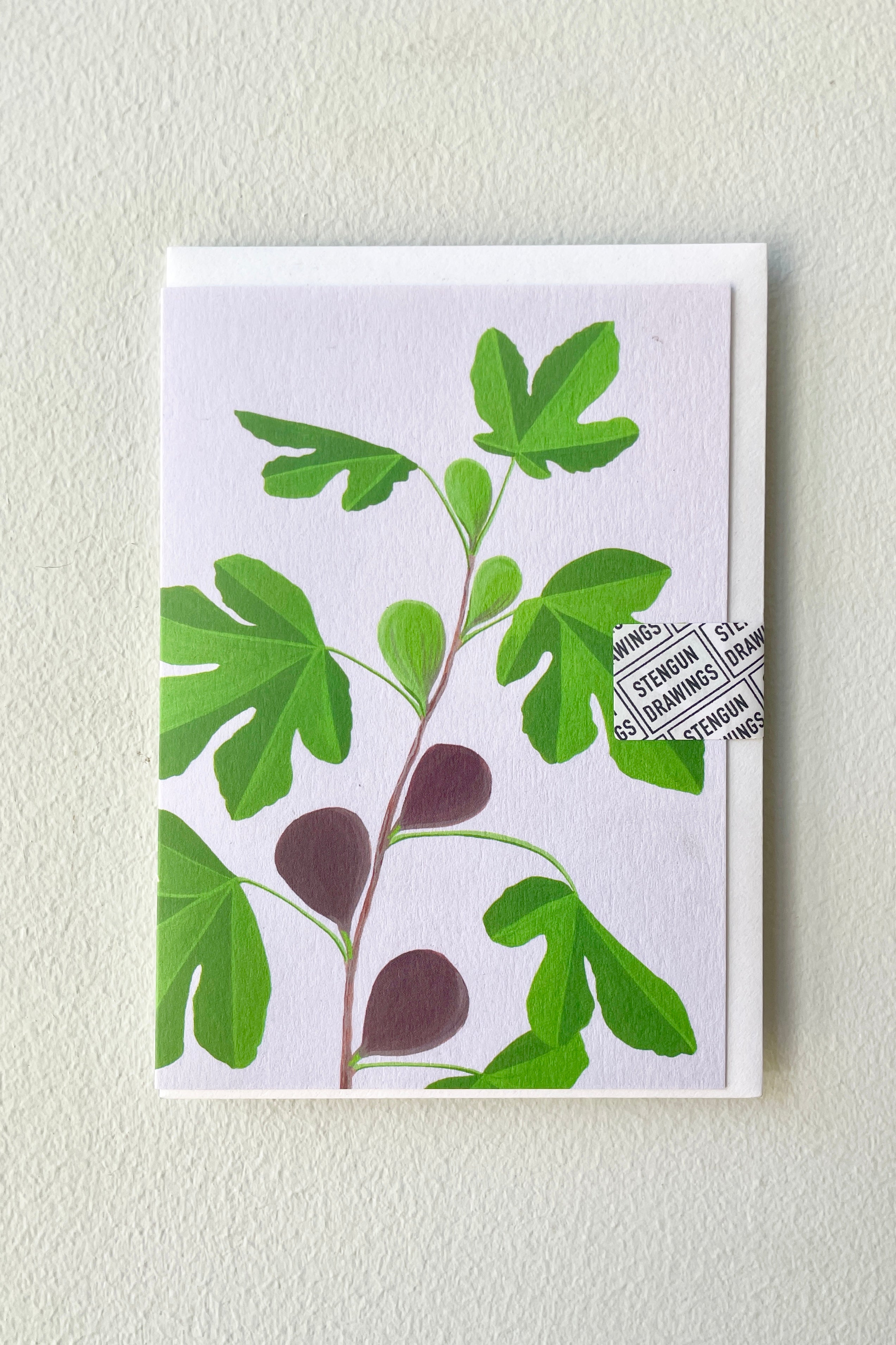 The Stengun Fig greeting card on a white wall at Sprout Home.