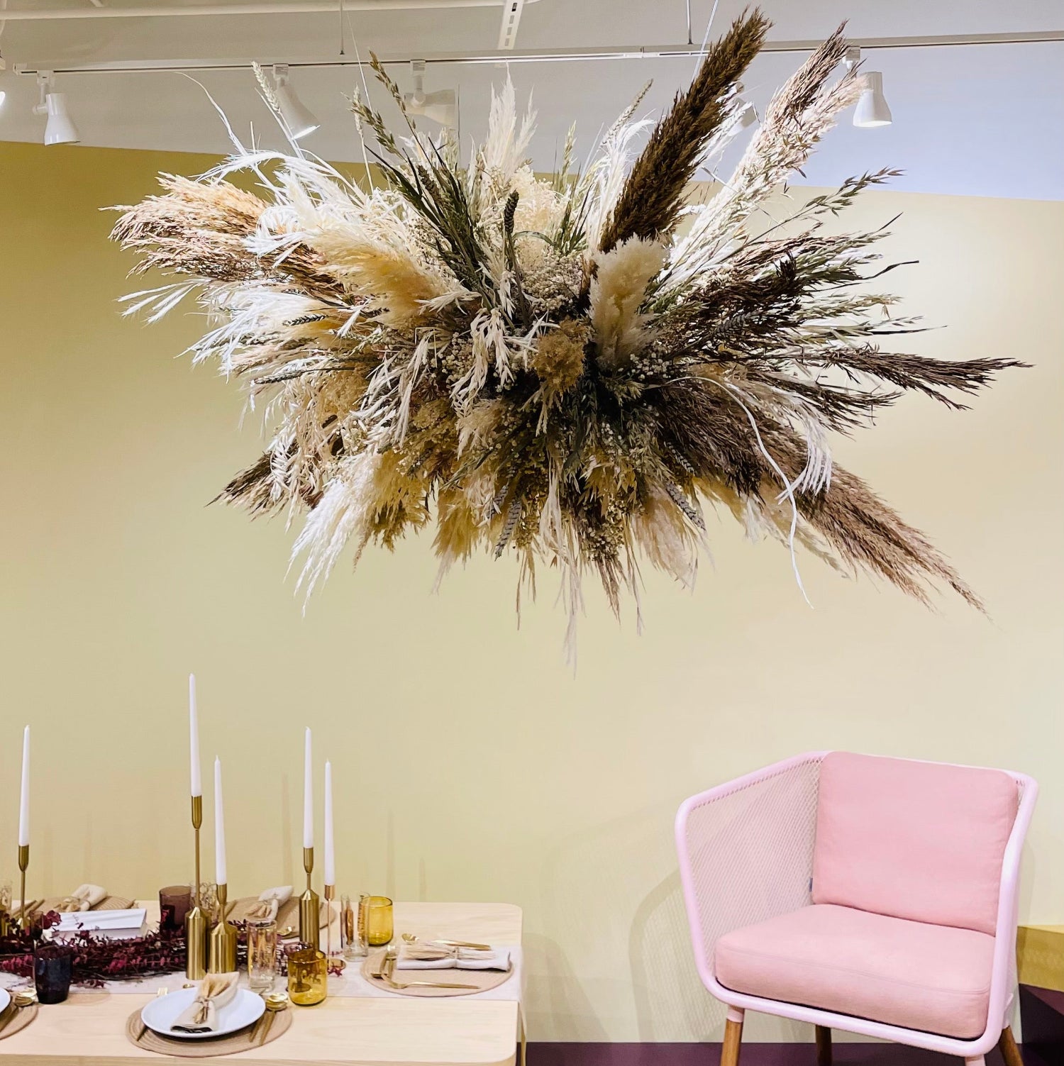 Dried Floral hanging installation by Sprout Home at Scandinavian Spaces showroom in the Merchandise Mart in Chicago. Photo by Sprout Home