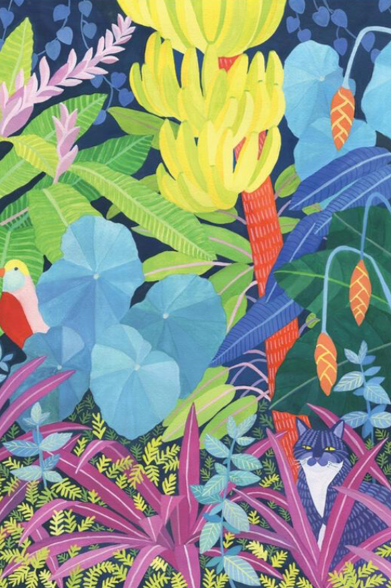 Detail of the Eli's Jungle card with its bright colors of plants and fruit and a cat in the corner. ©AHD