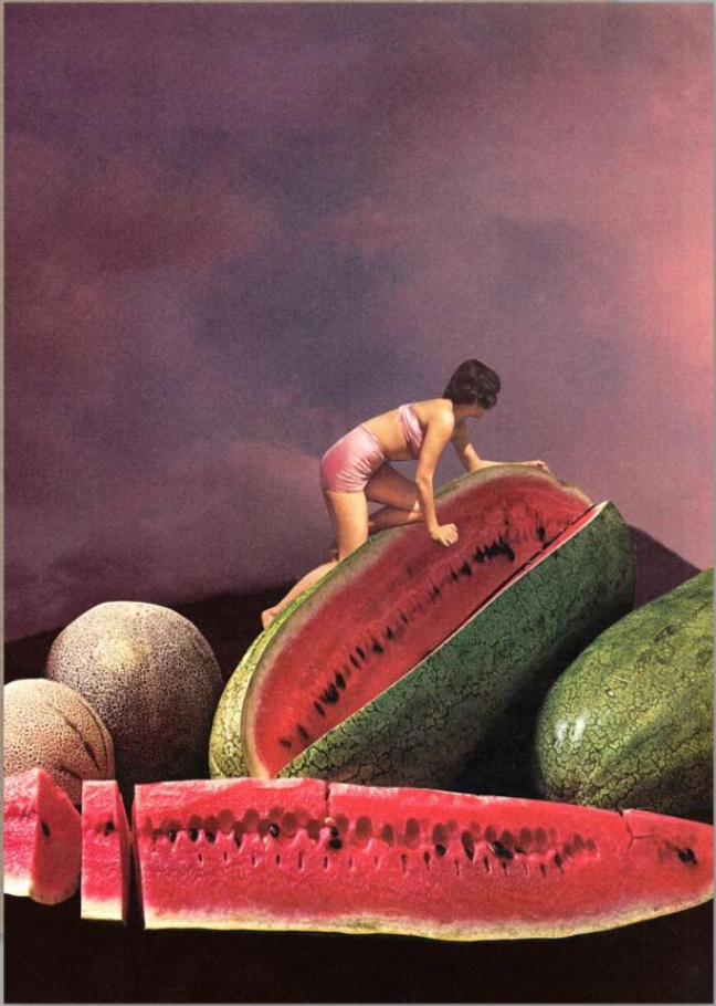 detail of the Ripe card by AHD featuring giant watermelon and a vintage woman climbing one.