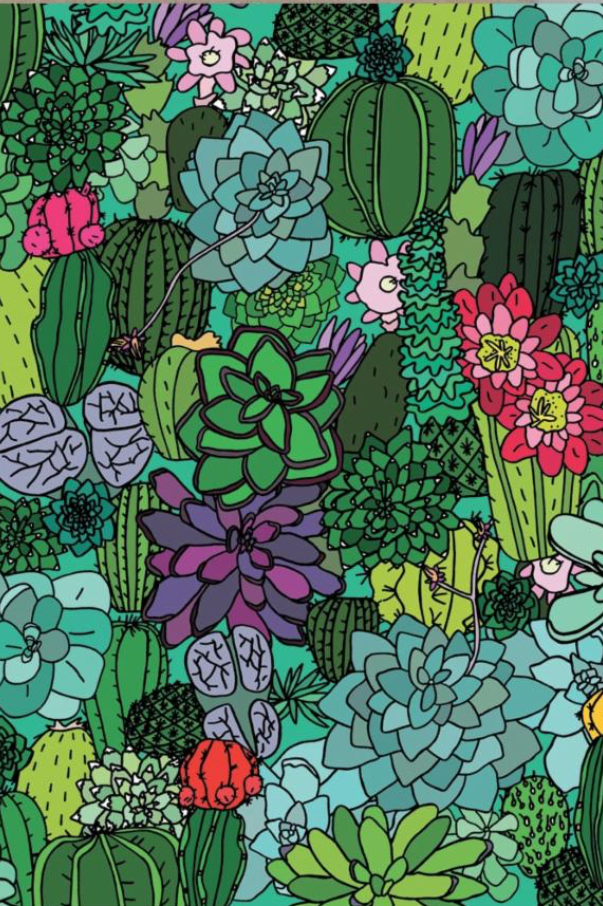 Detail of the graphically drawn Succulents card by AHD with various shades of green and blue succulents as wallpaper.