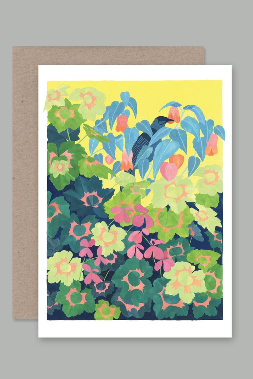 The Wattle Bird card by AHD. A field of various colored plants in pastel shades.