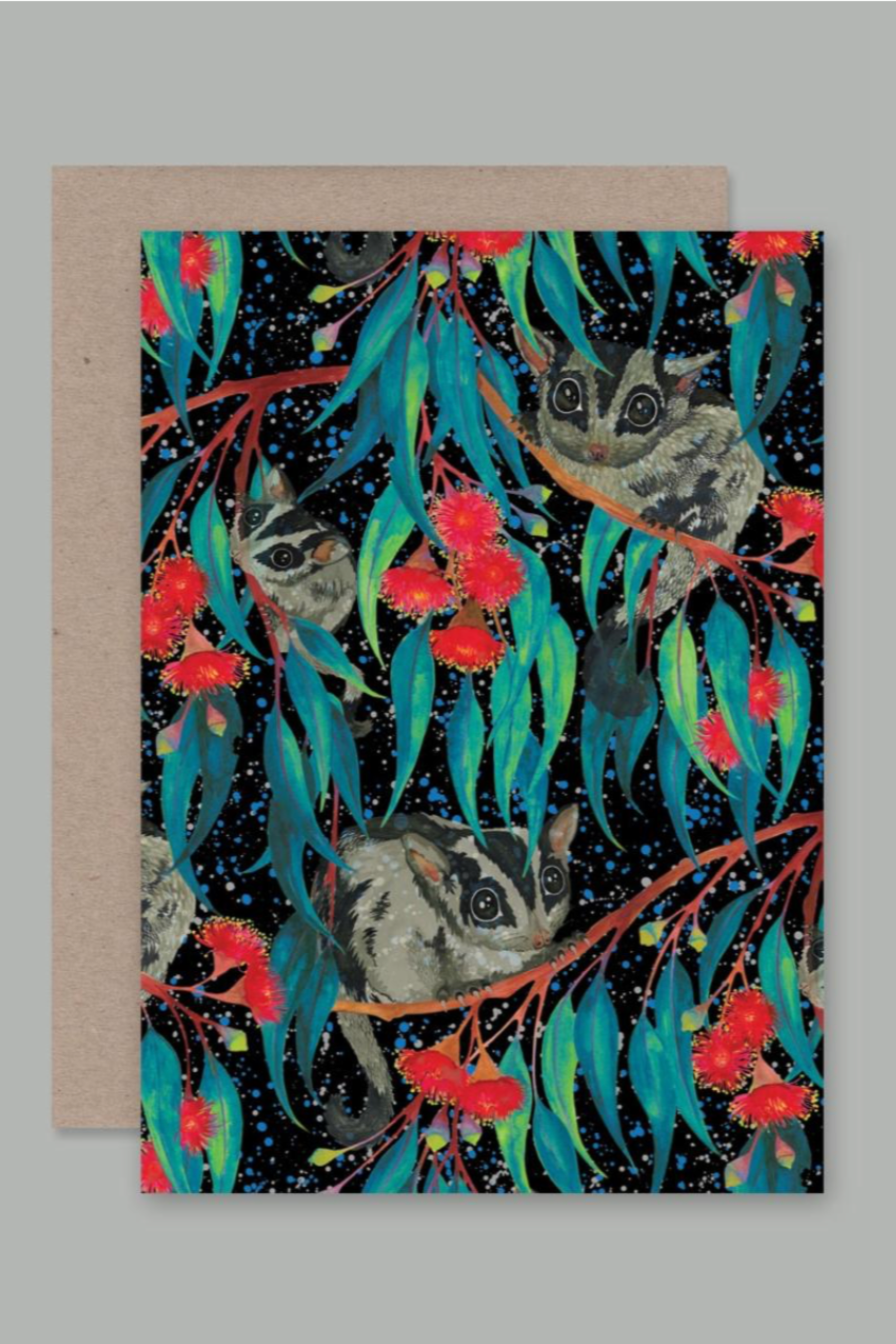 The cute Nocturnal card by AHD cards with cute creatures on top of branches. in the night sky. ©AHD