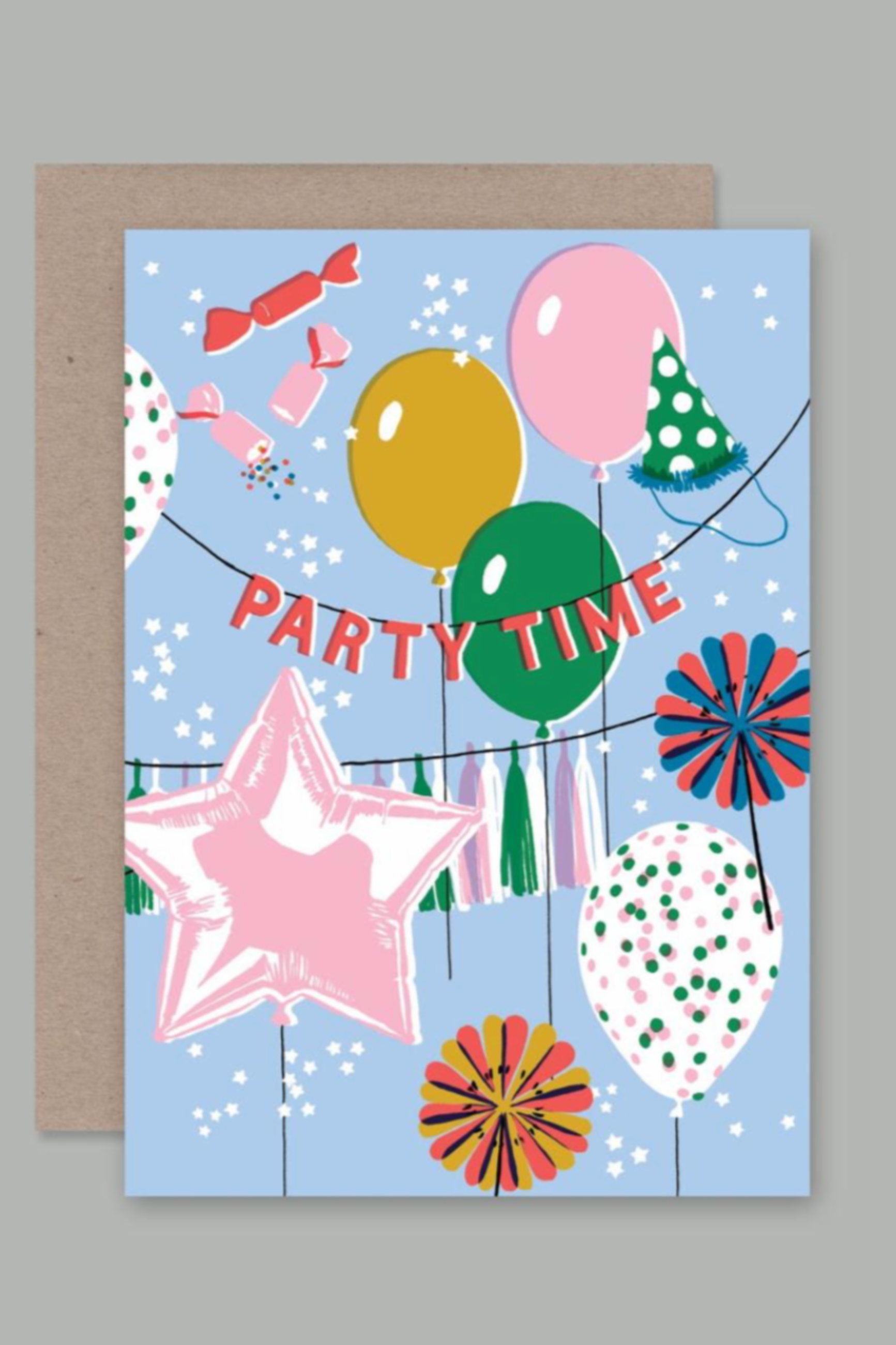 The Party Time card by AHD cards showing the front of the card with balloons and confetti and the words "Party Time" ©AHD