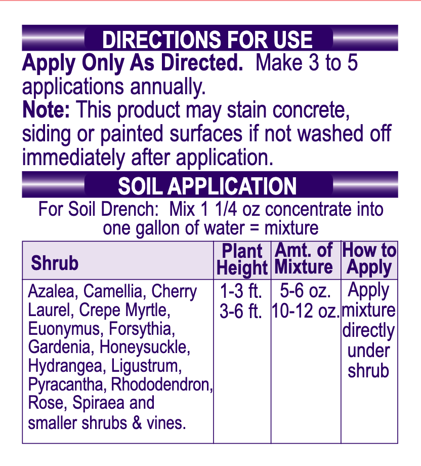 A text-based application directions and soil application chart for a shrub fertilizer/drench product, with a table listing shrubs, plant height, amount of mixture, and application instructions. ©Bonide