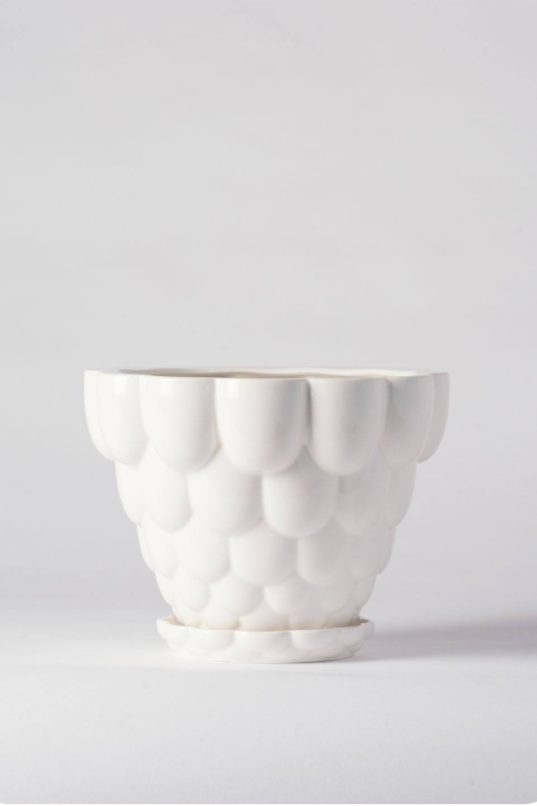 A white Jelly Planter by Angus & Celeste empty against a white wall.
