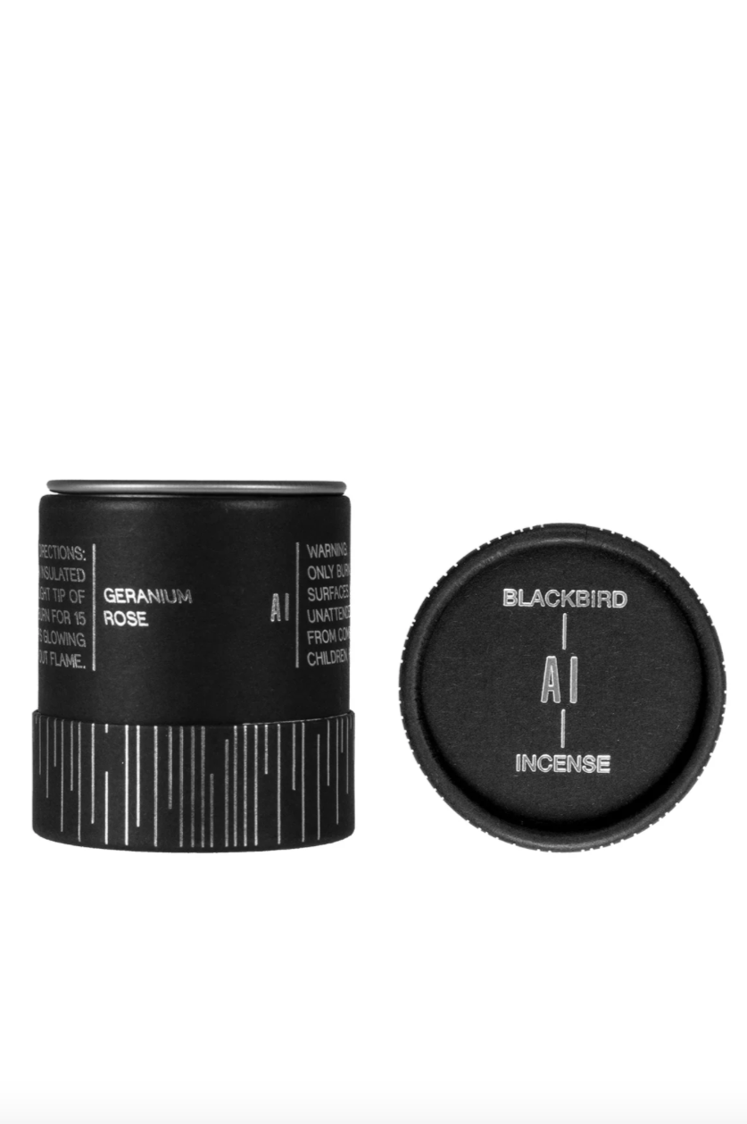 Blackbird AI incense packaging lid from the top and main tube from the side.