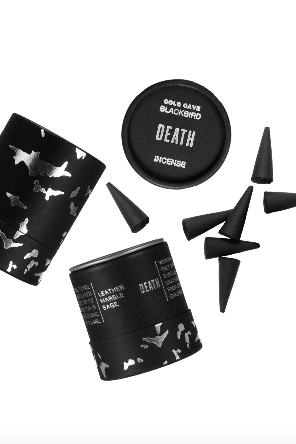 Blackbird DEATH incense showing its packaging, one in full and another separated along with floating incense cones on white.