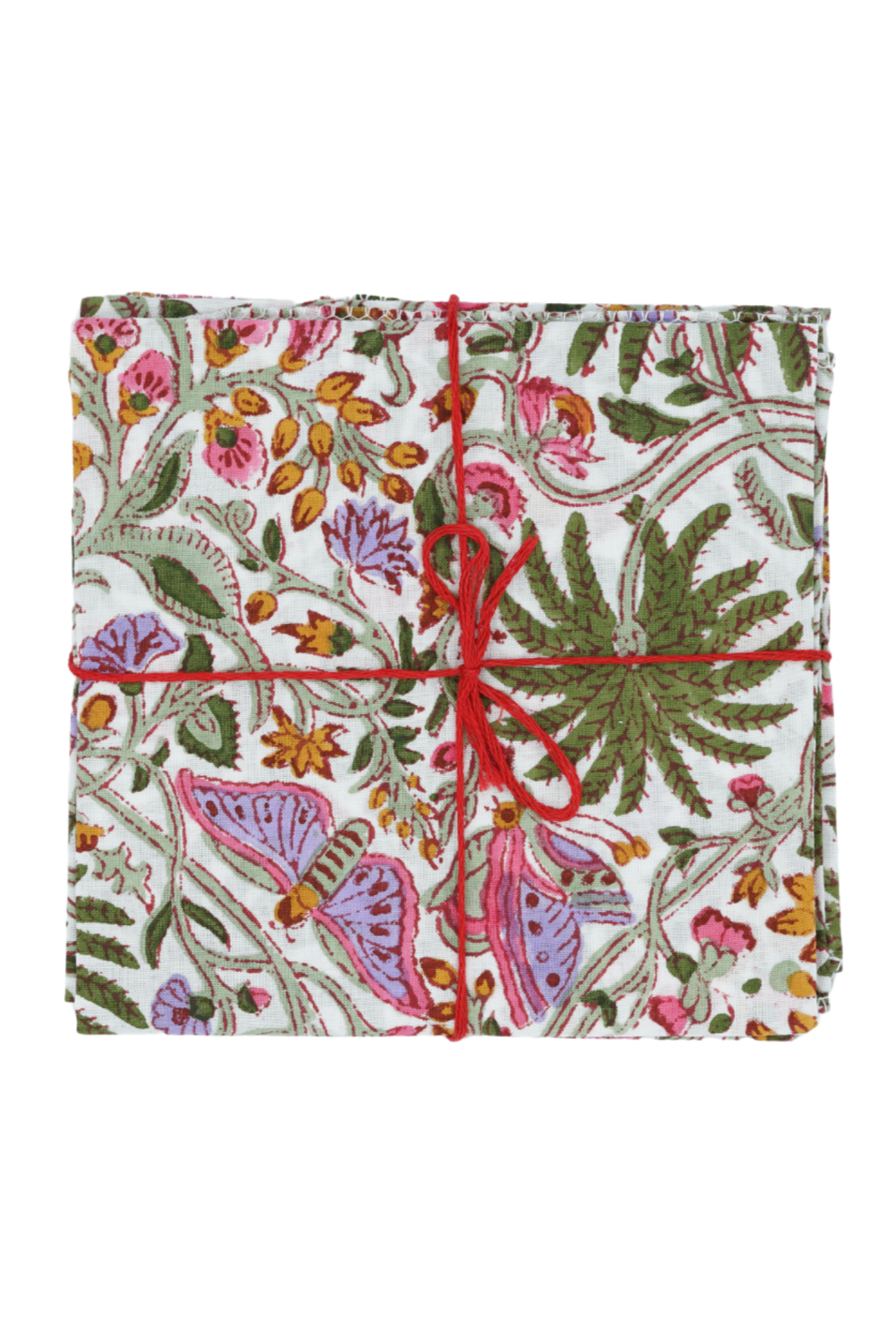 Suzette Cotton Napkins Primavera Cyprès tied with a red string.
