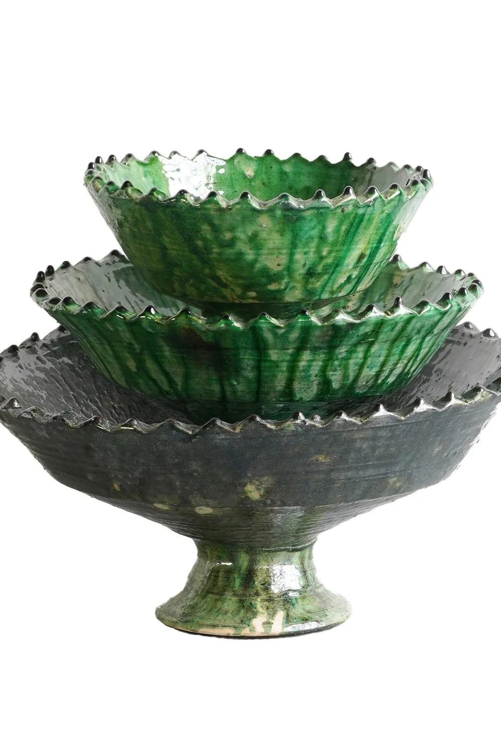 Stacked various sized compote green Tamegroute bowl on white backdrop. ©Blue Ocean Traders