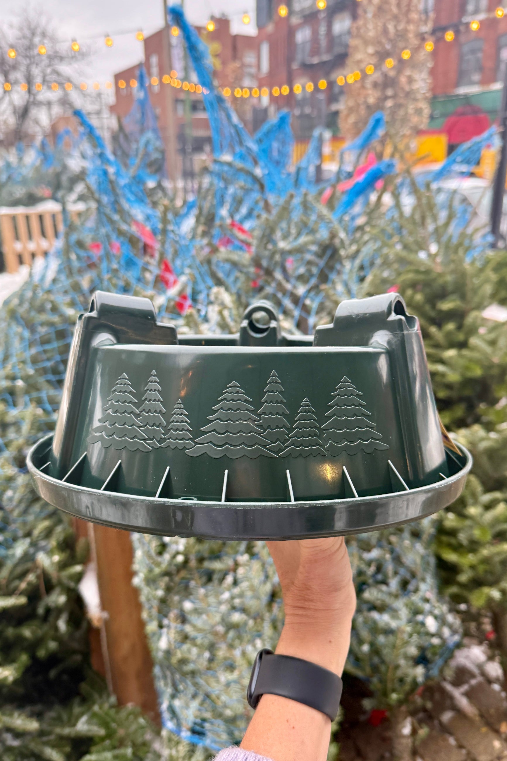 Green tree stand with tree design held by a person against a background of Christmas trees. ©Sprout Home
