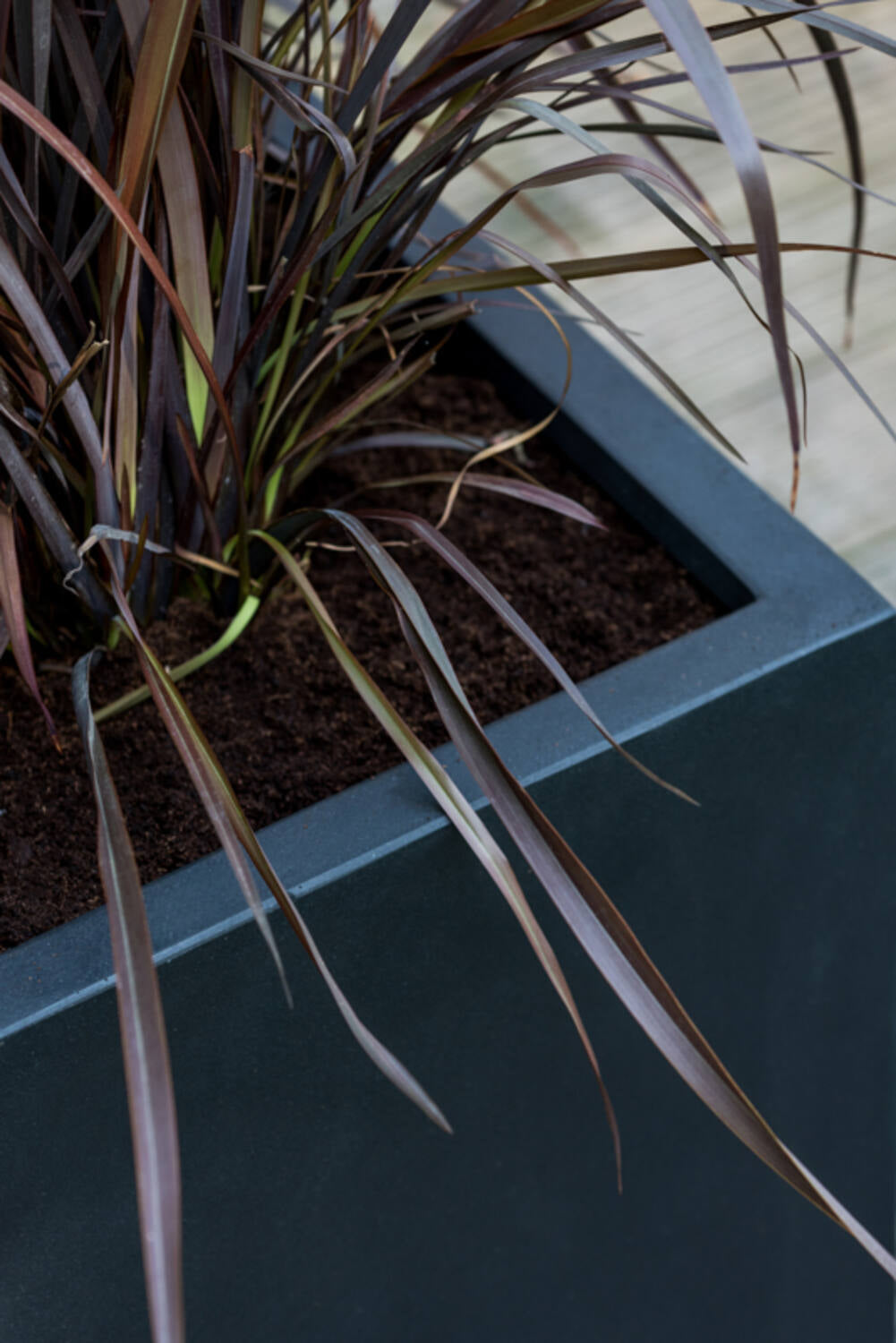 Jort Jumbo Black Large with burgundy grass, detail of corner ©Pottery Pots