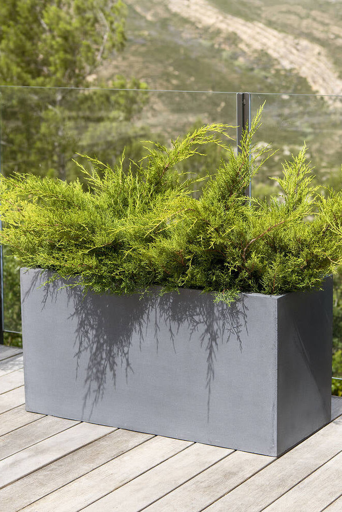 Rectangular Jort Grey Large planters with green plants on a wooden deck with a mountainous background. ©Pottery Pots