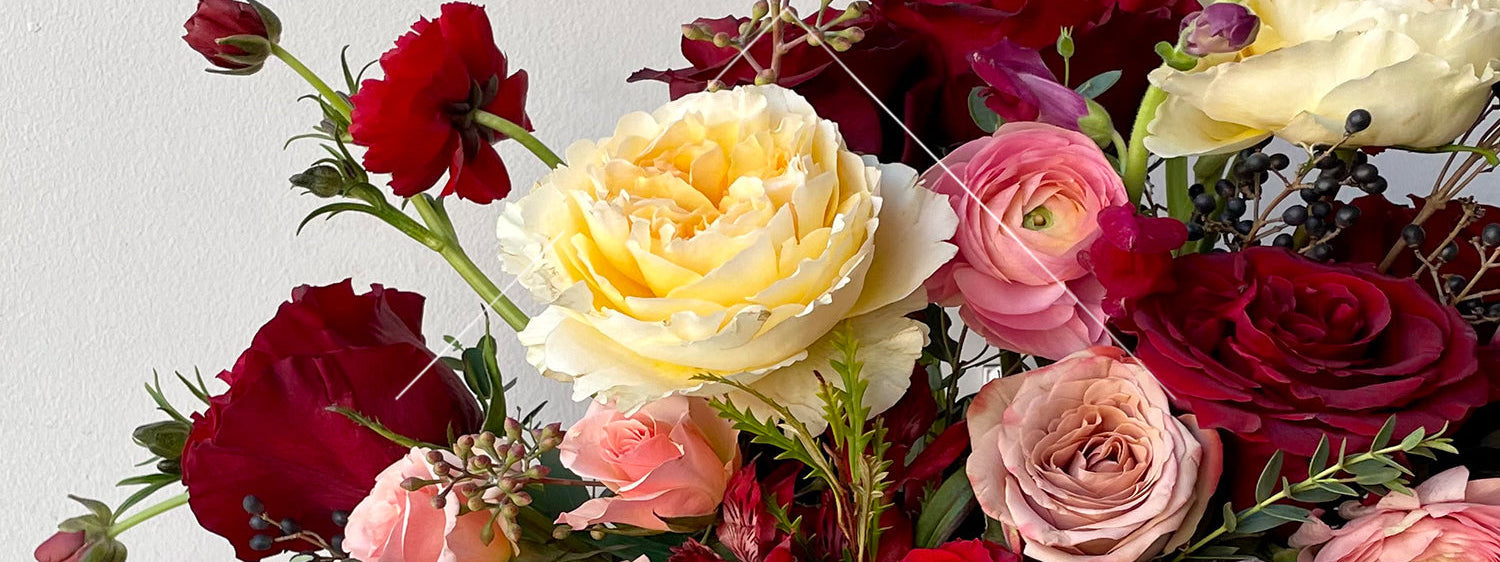 Bouquet of red, yellow, and pink flowers on a white background ©Sprout Home