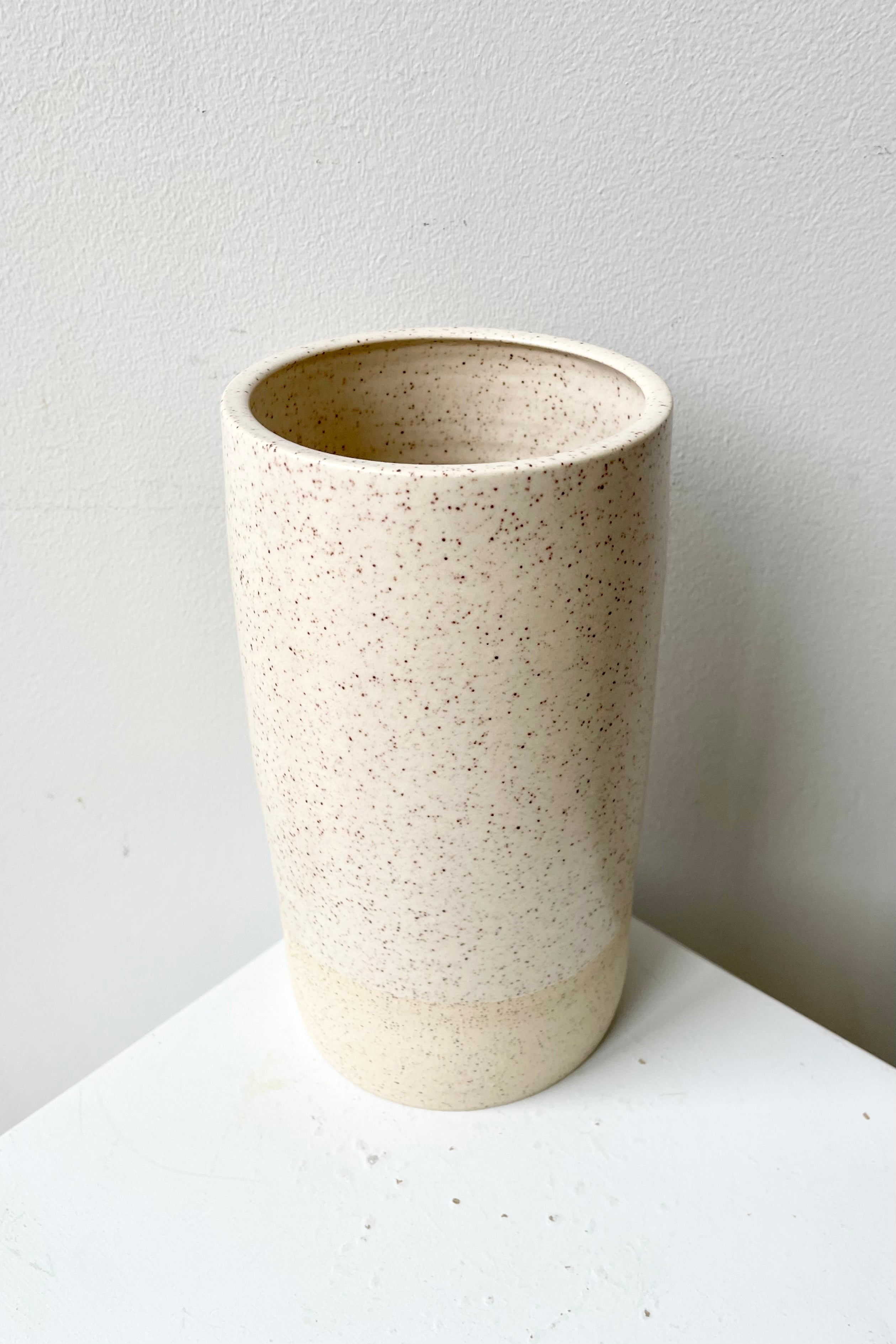 Jacqueline Large Vase in a Cream Speckle finish looking from the side and above.