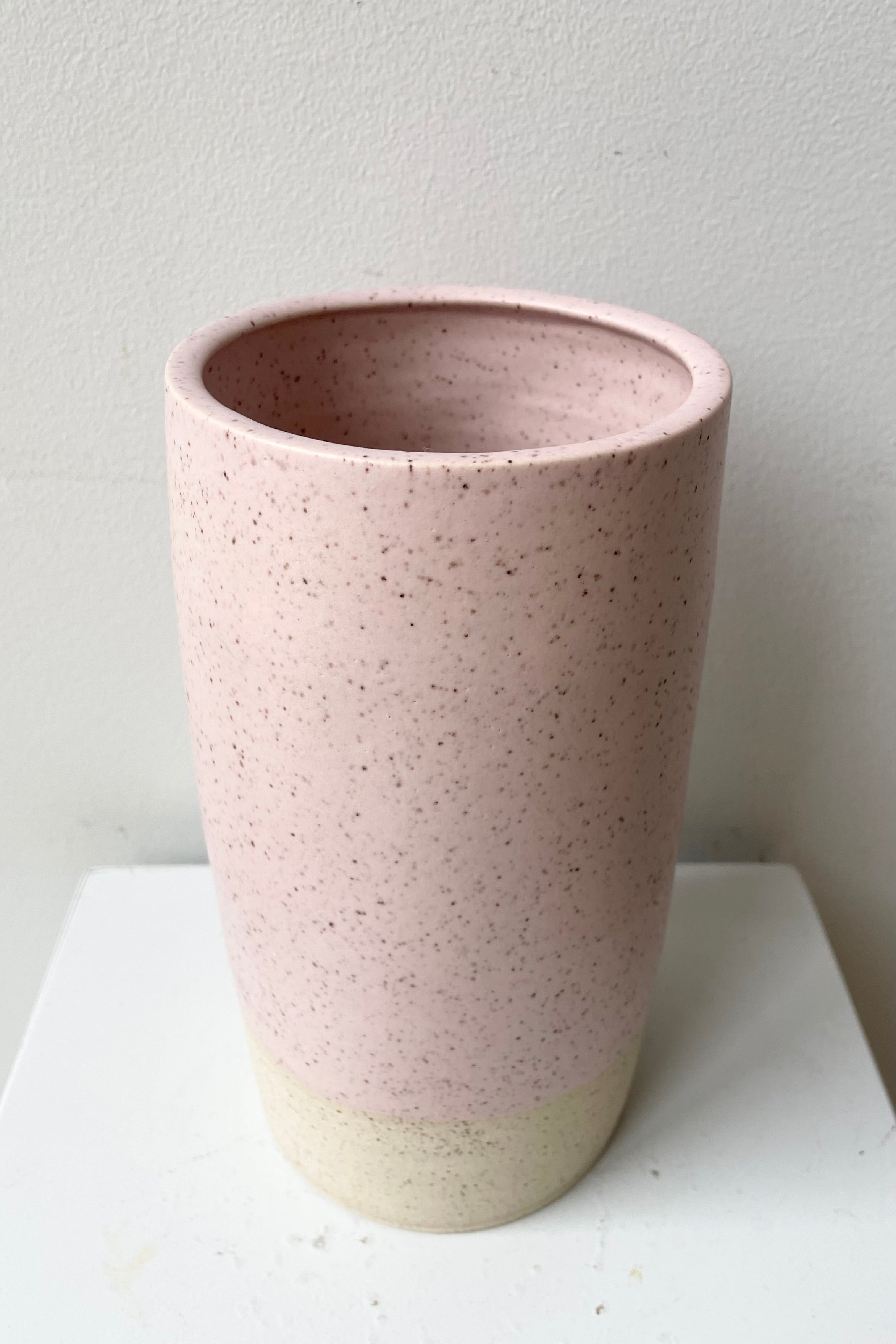 Jacqueline vase large in Pink Speckle shown from above and side showing its variation due to its handmade nature.