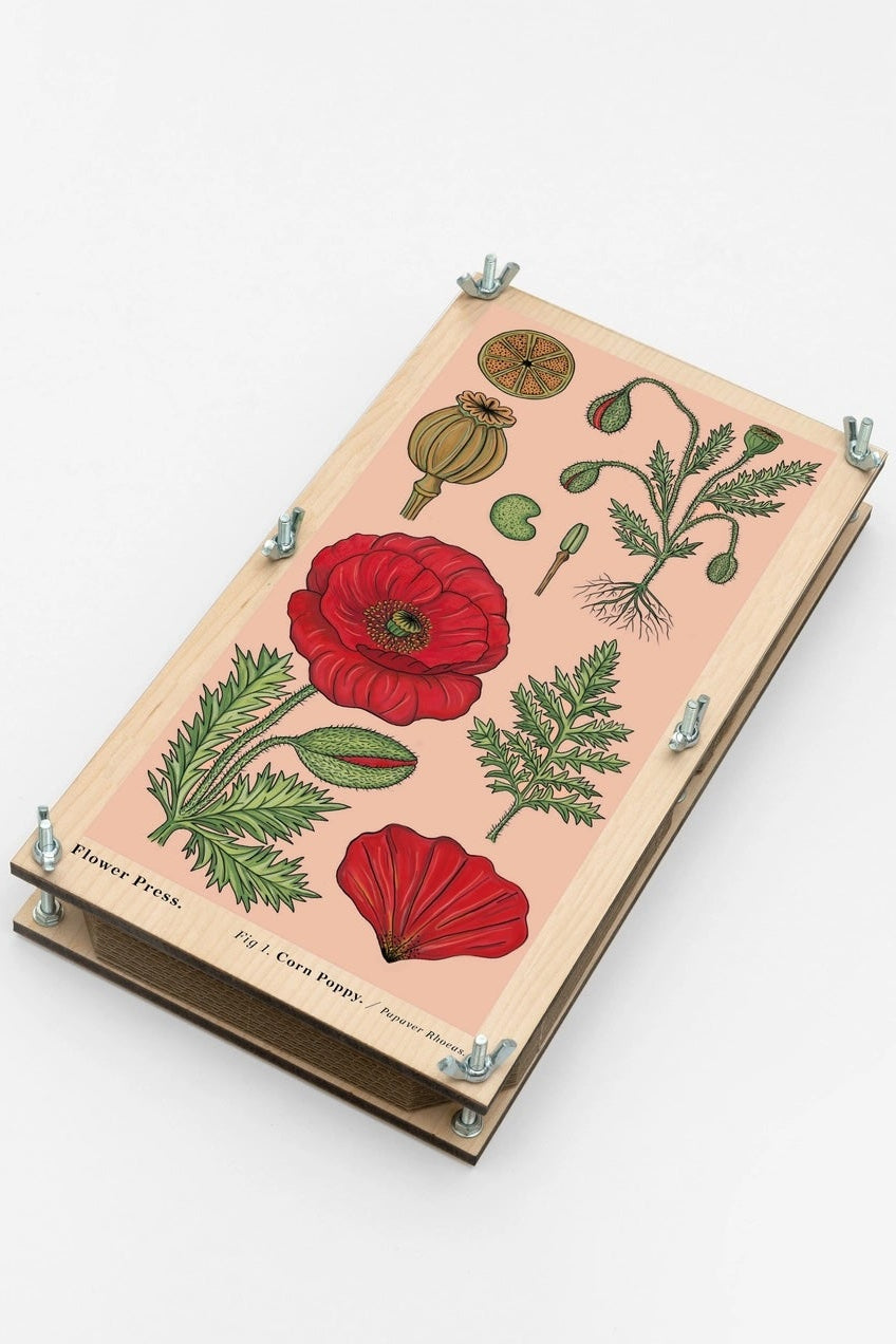 Photo of a flower press with a Poppy graphic cover on a white background ©Studio Wald