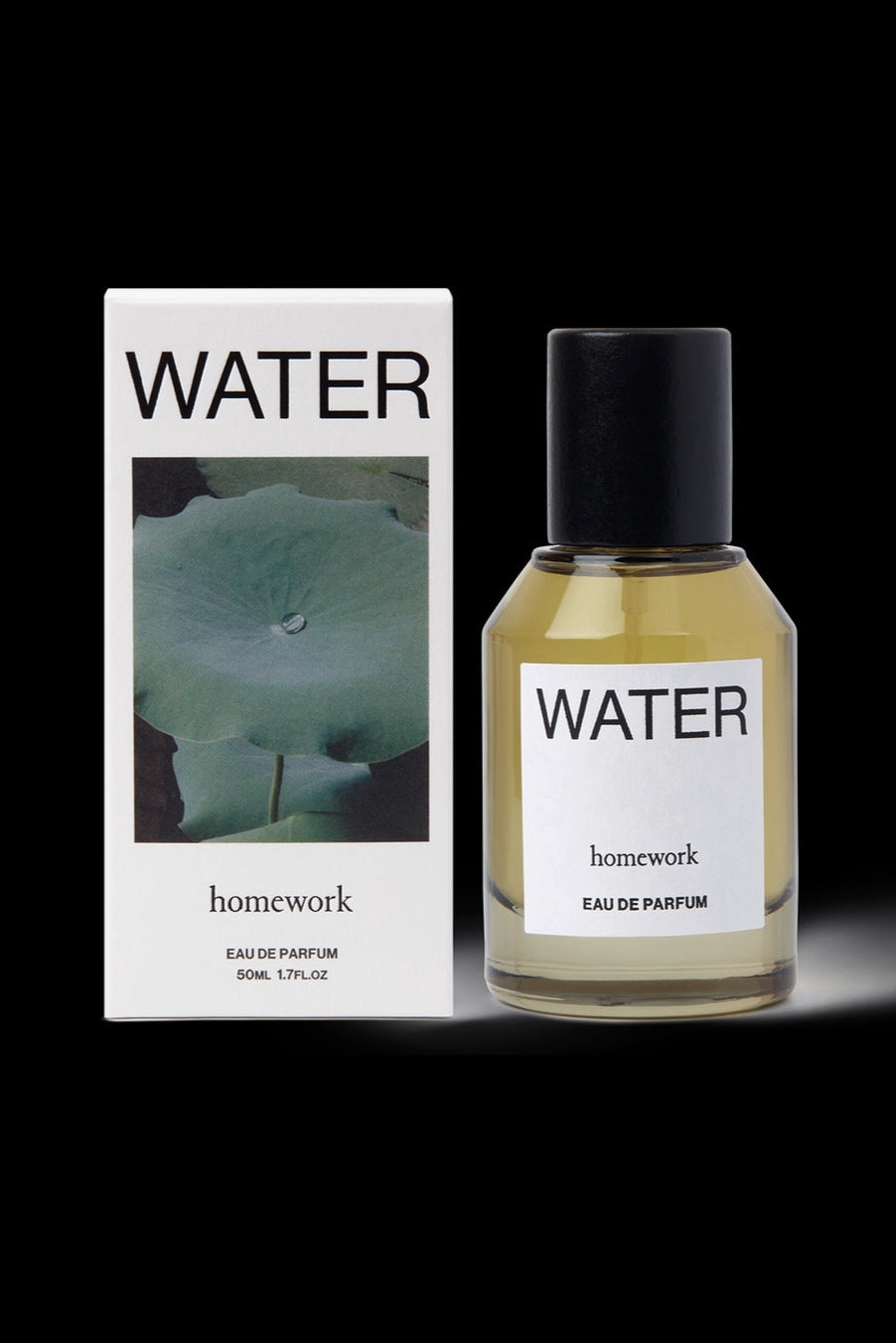Water Eau de Parfum Homework 'Water' Eau de Parfum bottle and packaging on a black background ©Homework
