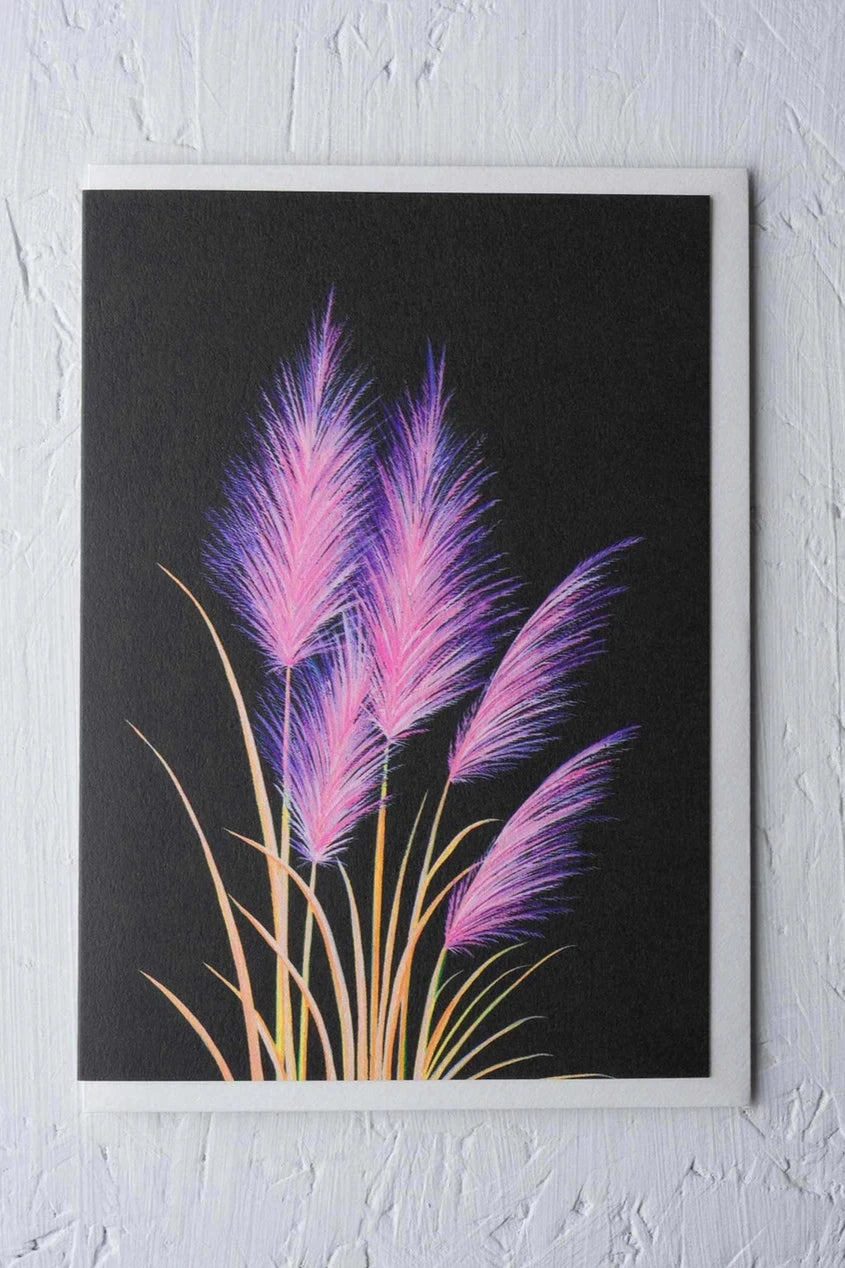 Pink Pampas greeting card by Stengun Drawings viewed from the front spotlighting the pink grass and blades.