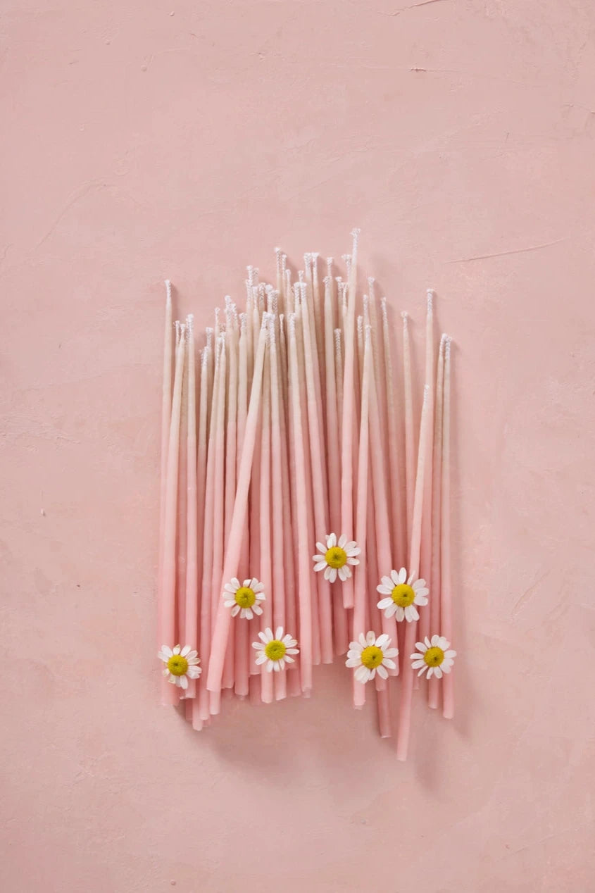 Knot & Bow Tall Ombre Pink beeswax candles with chamomile flowers