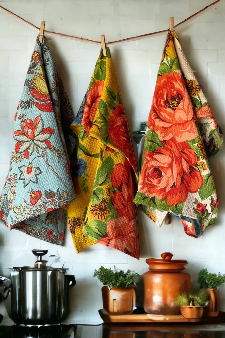 Colorful floral towels hanging on a line with kitchen items below. ©Annahmol