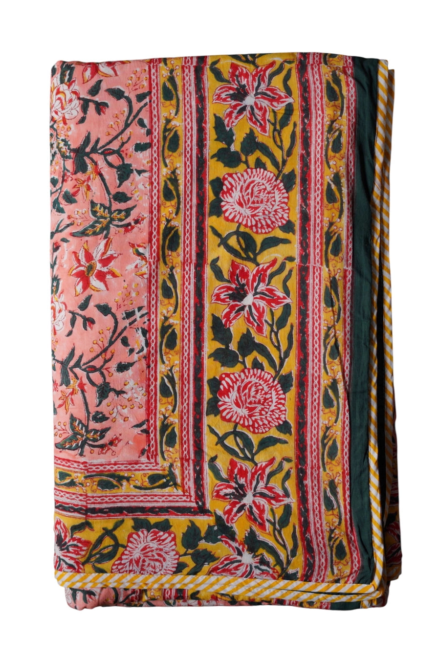 Colorful pink, yellow and green reversible blanket fabric with floral patterns and green border ©Annahmol