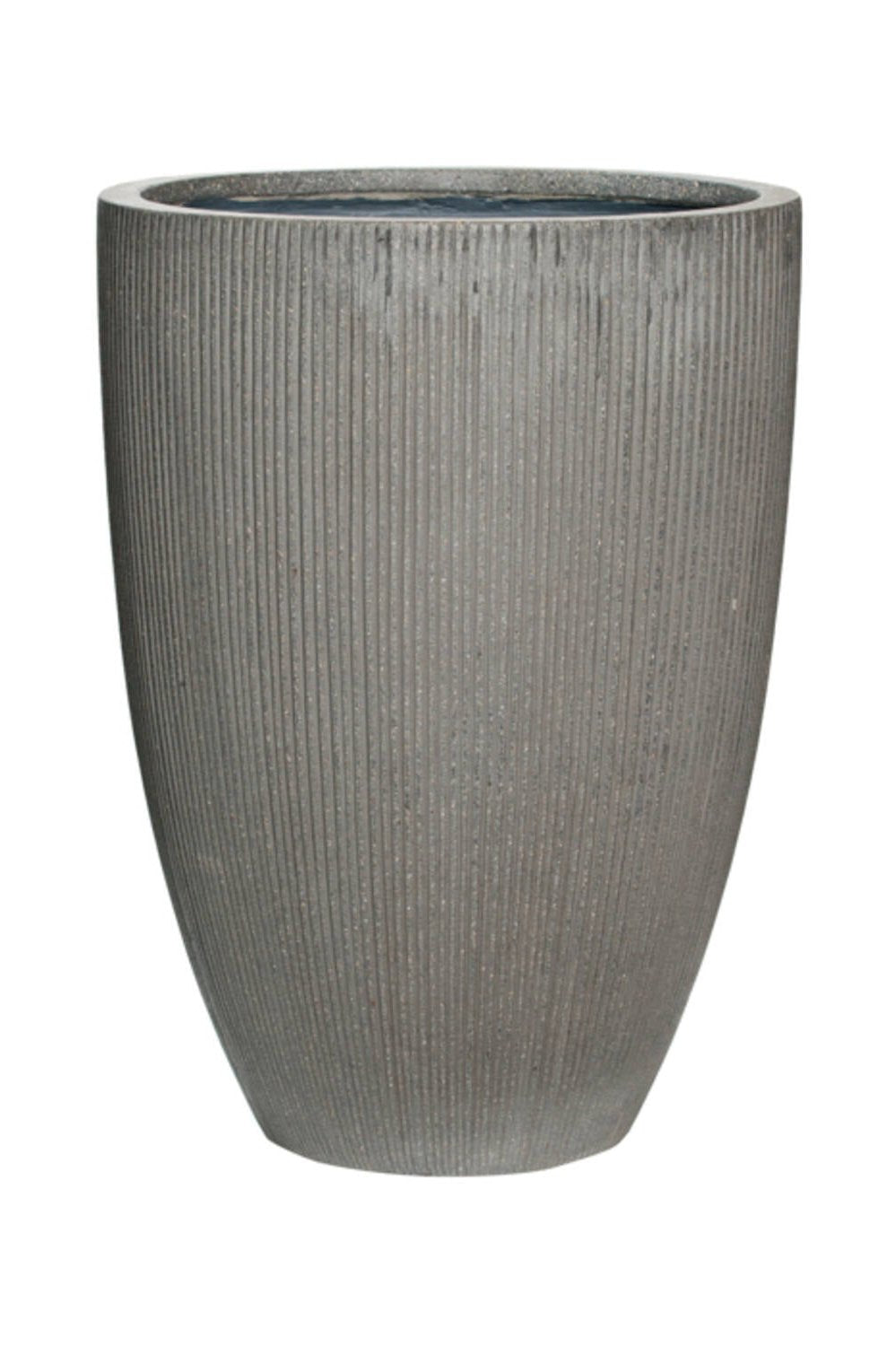 Pottery pots Ben Pot with vertical ridges in Dark grey large on a white backdrop.