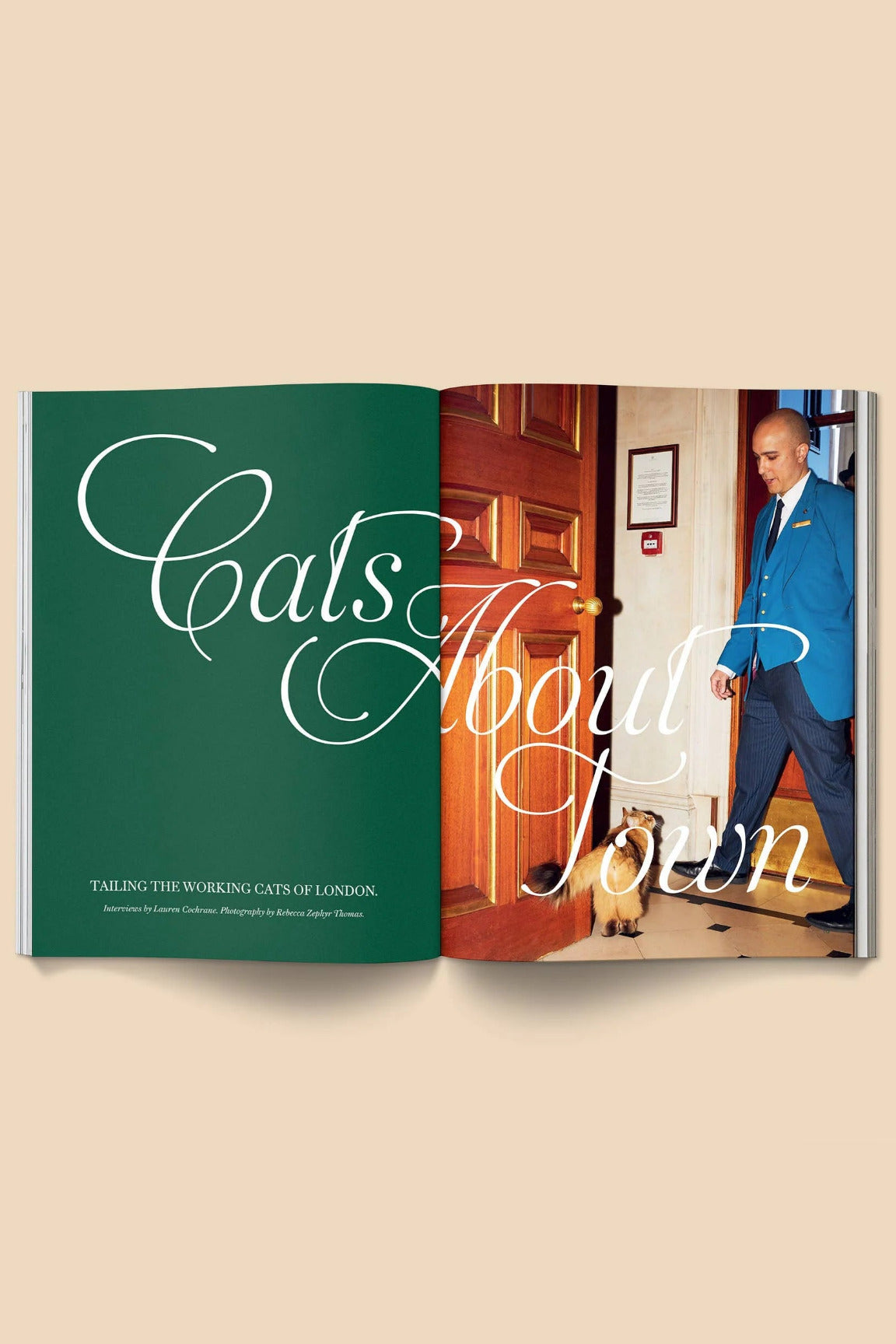 Open Catnip Magazine Volume 2 showing a green cover with white text and a photo of a man and cat at a door. ©Brocolli