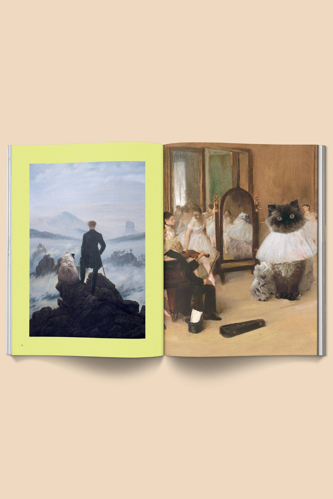 Catnip Magazine Volume 2 Open book showing two paintings side by side on a beige background ©Broccoli
